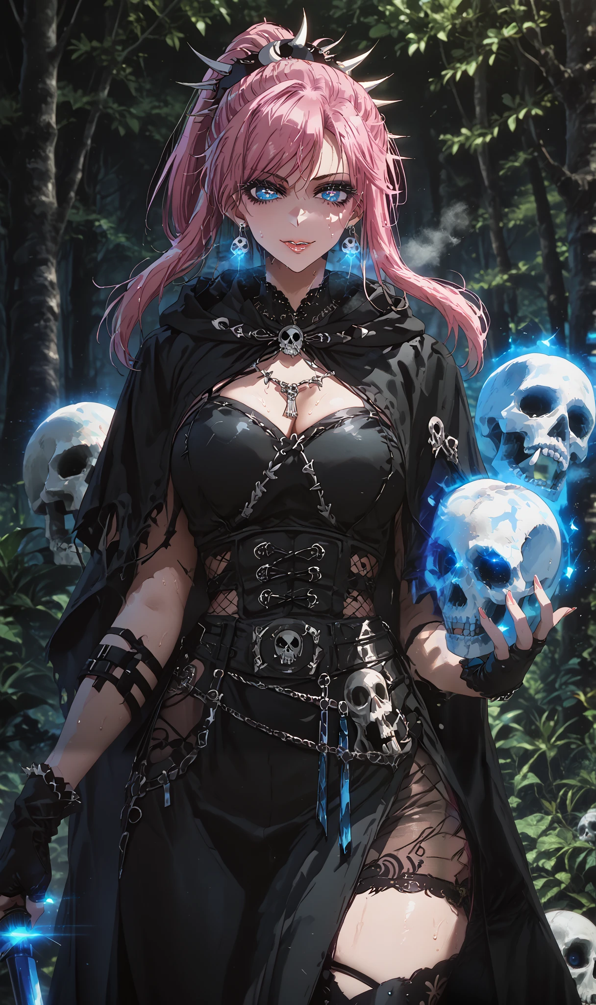 , score_9, score_8_up, score_7_up, score_6_up, score_5_up, score_4_up, uncensored, miyamoto musashi, pink hair, earrings, ponytail, asymmetrical hair, swept bangs, blue eyes, anime coloring, anime screencap, (voluptuous:1.3), (thick:1.3), BREAK UHD, retina, masterpiece, accurate, anatomically correct, textured skin, super detail, high details, high quality, award winning, best quality, highres, 4K, excessive sweating, sweating, sweating drop, (gasping, heavy breathing:1.3), (skindentation:1.2), perfect eyes, beautiful eyes, eyelashes, makeup, detailed body, perfect body, BREAK, 1girl, solo, skull, glowing, looking_at_viewer, holding_skull, gloves, holding, hood, magic, cloak, hood_down, cowboy_shot, cape, breasts, glowing_eyes, smirk, shaded face, jewelry, at the forest, jungle