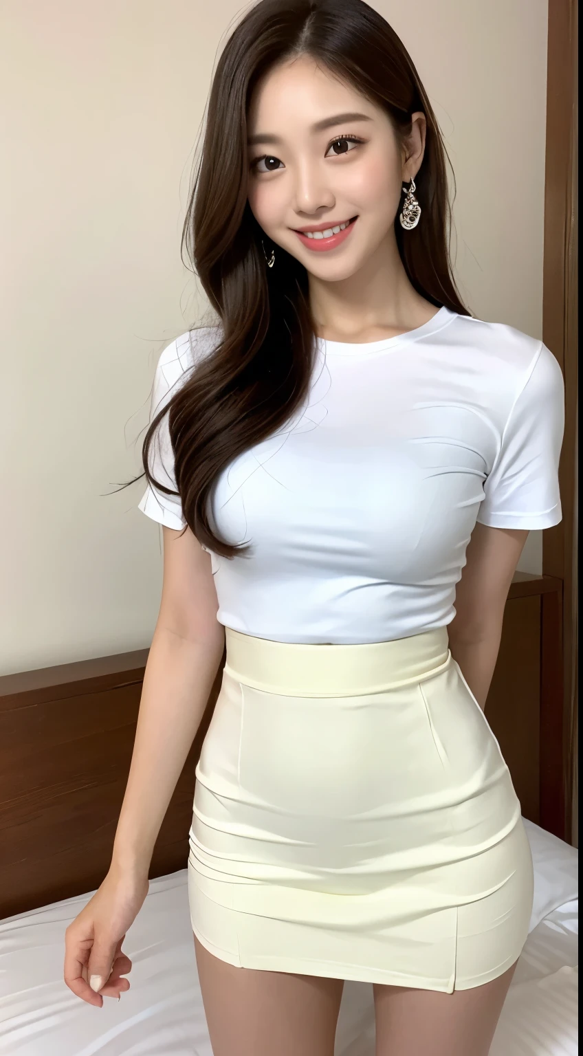 white tight shirt、white tight mini skirt、bed、smile、short sleeve、high resolution、Korean idol face
