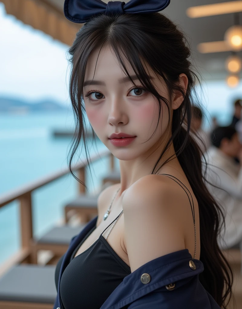 Morning color, Close-up photo of Danelia Tuleshova, Small breasts, Cafe terrace near the street, Lean-cheeked, Luster of hair, chin up, Seductive face, No bra, stony, Water, Cleavage Show, bewitching, Realistic pores of the body, Look up at the sky and smile, black ponytail hair, (Blue eyes: 0.8), Beautiful adult face, 40 I, soft volumetric lights, (back lighting: 1.3), (Cinematic: 1.3), Intricate details, (art  stations: 1.、nsfw、cafe terrace、head phone