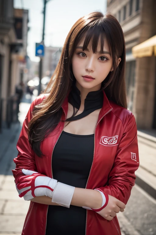 (8K, Highest quality, masterpiece:1.2), Super detailed, masterpiece, Realistic lighting,masterpiece, Highest quality, masterpiece, Official Art,非常に詳細な CG ユニティ 8K 壁紙,Beautiful attention to detail, Light on the face, One girl, Asuka,Upper Body, chest, pilot_suit, plugsuit, red_Jacket, Windbreaker, gloves, bandage, hair_ornament, Braces,