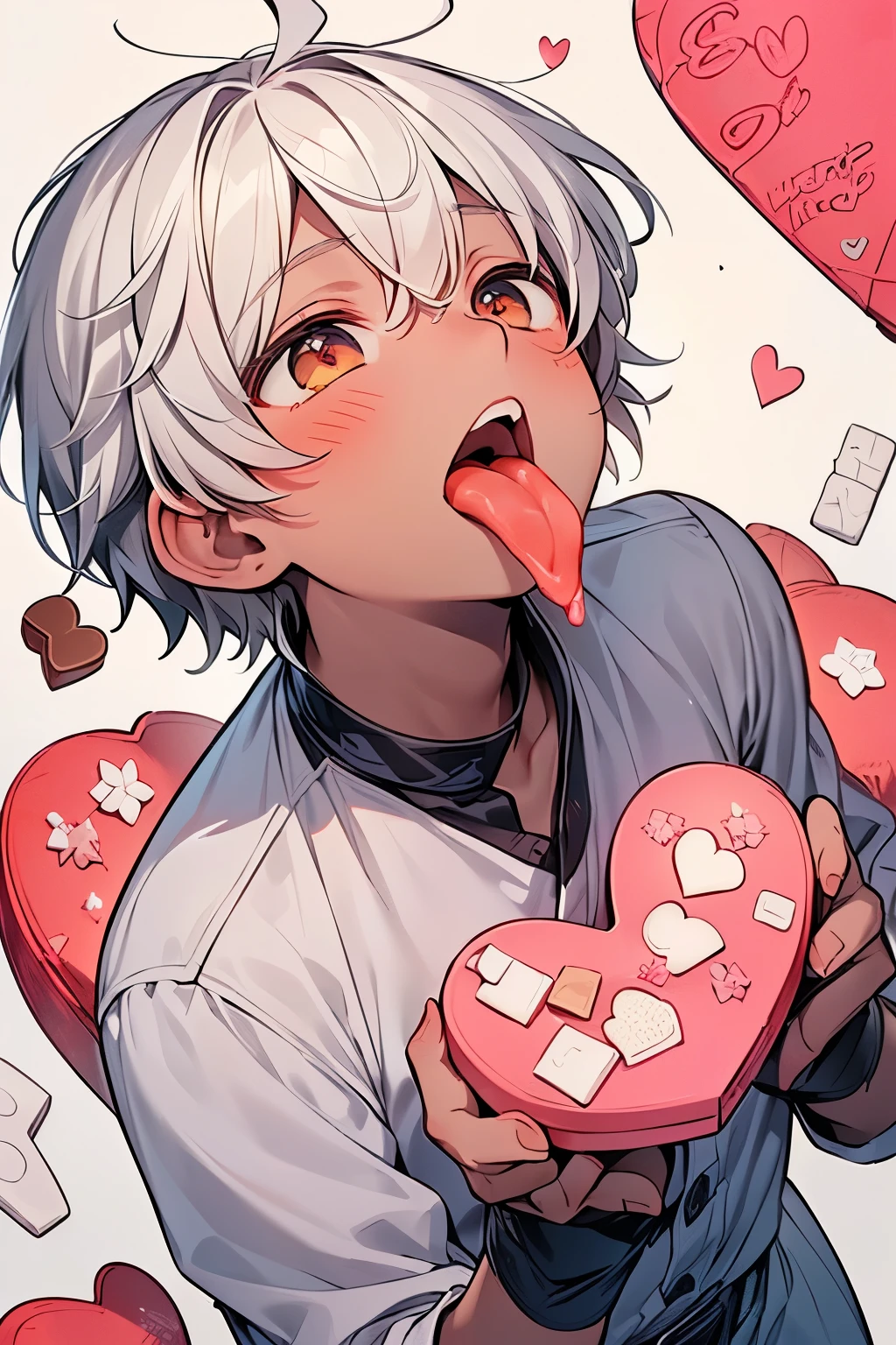 ((1-boy :1.3)),((handsome Gay:1.1)),(( An Adult Man :1.2)), solo,((dark skin body:1.2)),(heart mark with hands:1.15),very short hair,(pink_Beige hair:1.0),(I'm happy with my mouth wide open:1.0),(writhe in pleasure:1.0),(Many heart-shaped white chocolates are stacked up:1.15),((BODY wrapping:1.15)),((Tongue licking:1.2)),((looking up:1.0)),