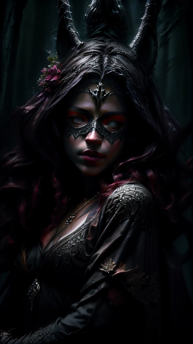 Grunge style, beautiful naked goddess of death, body intricately decorated with black and diamonds, deep red rubies, shiny, penetrating, dark and gloomy look, masterpiece, cinematic, bokeh, film grain, 1.8, 24 mm lens
