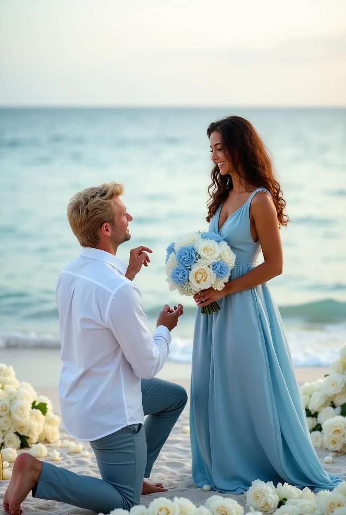 masterpiece, ultra-realistic, 8 k, a man stands on one knee and proposes marriage to his beloved woman. 1 woman, 1 man, wedding ring, joy