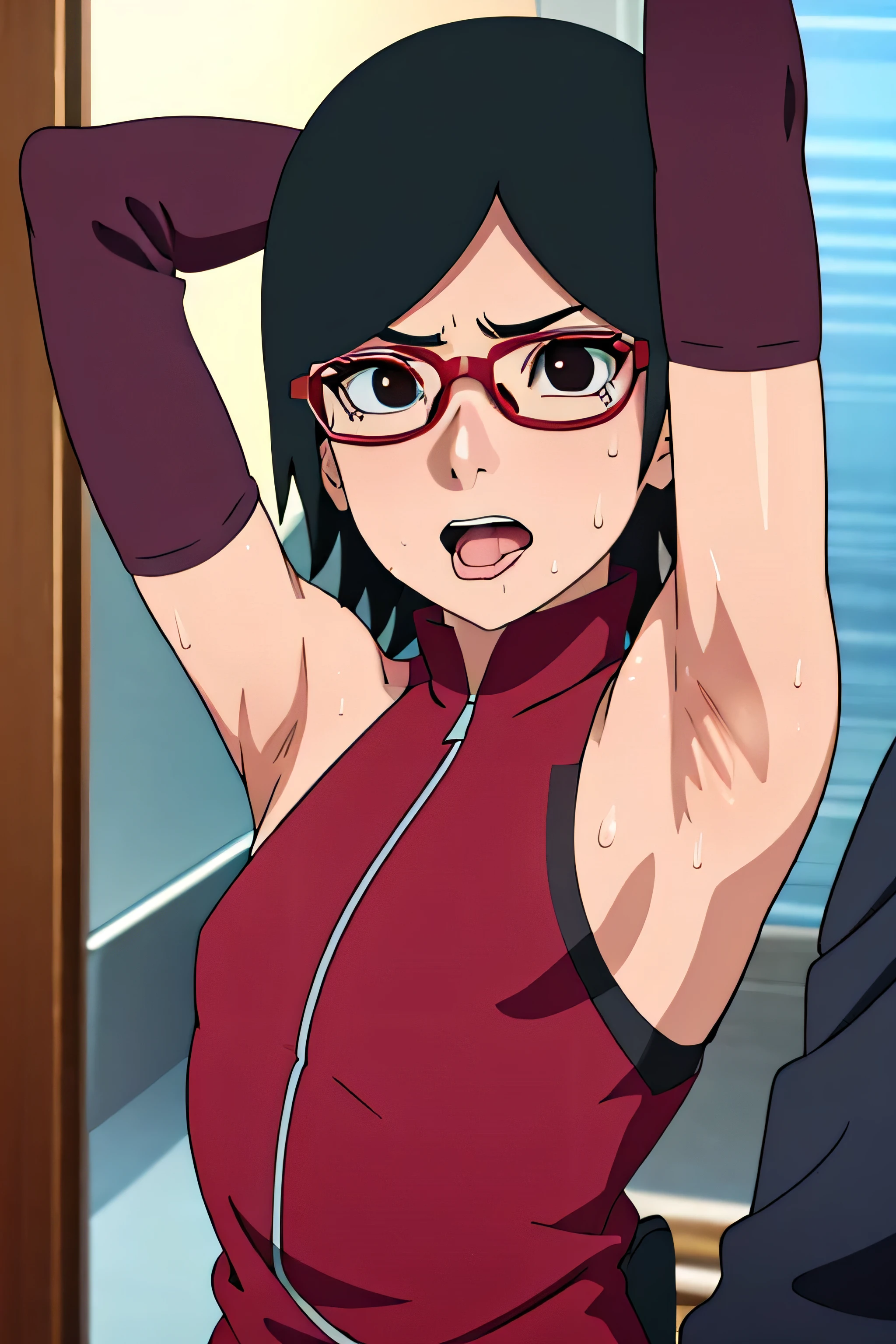 Sarada Uchiha,human woman with fair skin. She is a r with black eyes and red clothing. Her hair is black in color; She is beautiful.Wearing red rimmed glasses.Tsundere face. Pink eye shading,mature appearance,armpits,sweat,sweaty,sweaty armpits,arms up,showing armpits,awesome armpits,outfit,blackish red arm warmers,maroon arm bands,maroon arm warmers,showing tongue,tongue out