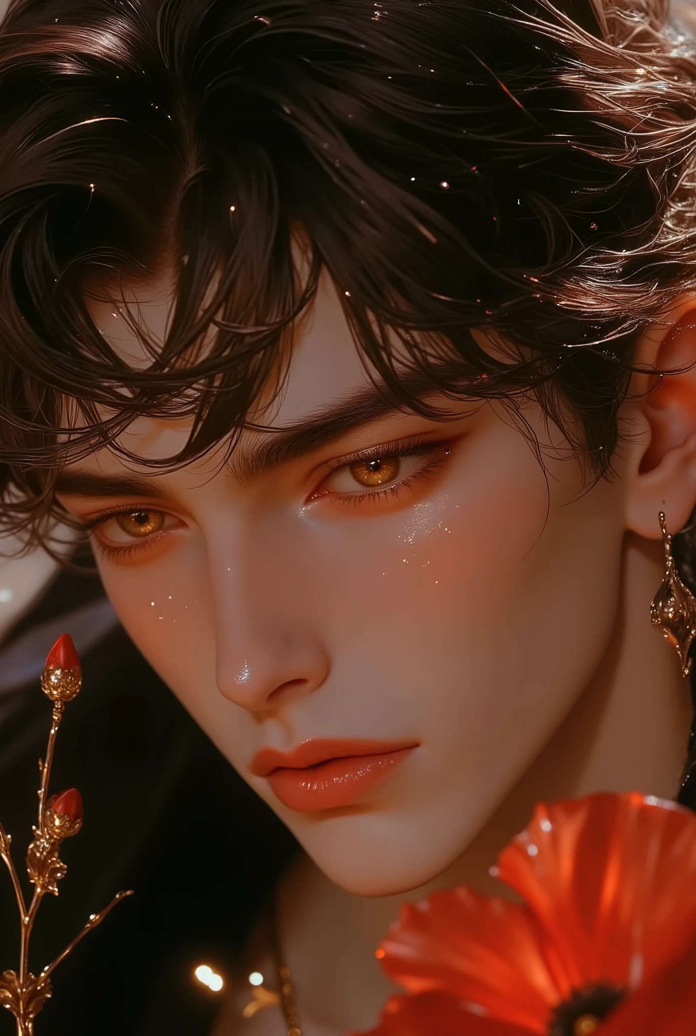 (photorealism:1.2),A hyper-realistic portrait of an extraordinarily handsome man embodying the allure and symbolism of poppies, exuding passion, mystery, and a dreamlike presence.
His eyes are deep and mesmerizing, a rich, liquid amber with flecks of fiery red and golden hues that shimmer under the golden light. They are almond-shaped and framed by thick, dark lashes, holding a hypnotic intensity that seems to pierce through to the soul. His gaze conveys both a quiet confidence and an irresistible sense of longing, drawing viewers into a world of mystery and desire.
His mouth is a perfect expression of subtle seduction, with full, softly curved lips tinted a natural, deep blush red. Their shape is inviting and magnetic, with a slight parting that adds a sense of breathless intrigue and allure. The corners of his lips are faintly upturned, hinting at a secretive, knowing smile.
His face shape is a masterpiece of symmetry, with a strong, angular jawline that exudes masculinity, softened by high cheekbones that catch the warm light. His chin is subtly cleft, adding an extra layer of refined character.
His hair is styled in a modern, tousled cut, with medium-length strands that fall naturally in soft, wavy layers. The style frames his face perfectly, with a slightly undone look that evokes effortless elegance. His hair is a deep, raven black, with subtle hints of crimson highlights that shimmer like the petals of poppies under sunlight. The tousled texture adds volume and movement, emphasizing his dynamic, dreamlike presence.
His skin texture and tone are flawless, with a pale, porcelain-like complexion that radiates a soft luminescence. His skin is smooth and luminous, with lifelike details such as faint freckles across his high cheekbones and a natural flush of warmth. The slight sheen of golden light enhances his ethereal beauty, creating a glowing, almost surreal effect.
