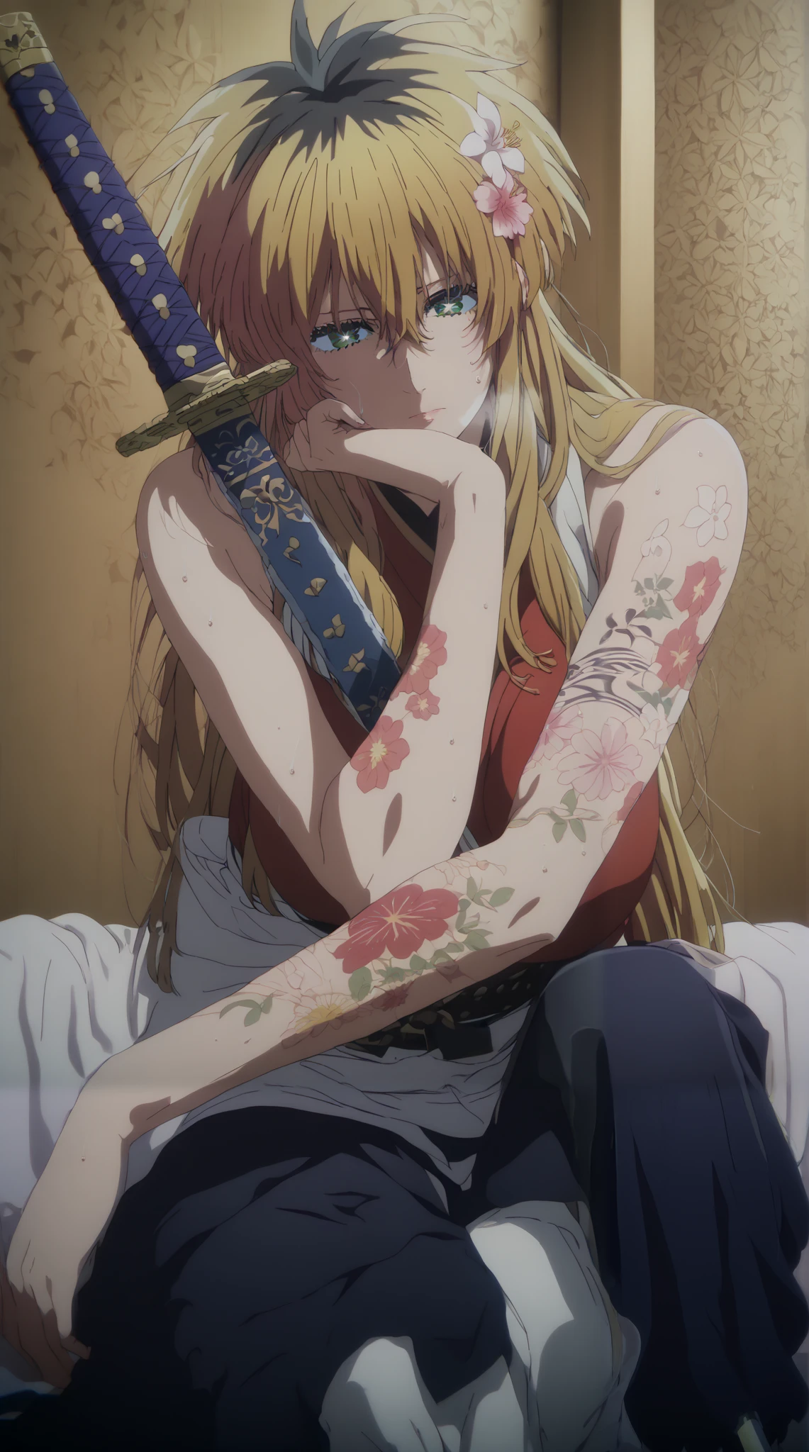 flatshinyskin, score_9, score_8_up, score_7_up, score_6_up, uncensored, miyako ishida, long hair, bangs, blonde hair, black hair, hair between eyes, green eyes, multicolored hair, two-tone hair, large breasts, bright pupils, anime coloring, anime screencap, (voluptuous:1.3), (thick:1.3), BREAK UHD, retina, masterpiece, accurate, anatomically correct, textured skin, super detail, high details, high quality, award winning, best quality, highres, 4K, excessive sweating, sweating, sweating drop, (gasping, heavy breathing:1.3), (skindentation:1.2), perfect eyes, beautiful eyes, eyelashes, makeup, detailed body, perfect body, BREAK, 1girl, weapon, solo, sword, tattoo, hair_flower, flower, katana, sitting, looking_at_viewer, arm_tattoo, bare_shoulders, head_rest, sheathed, closed_mouth, sheath, japanese_clothes, sleeveless, white_flower, half-closed eyes