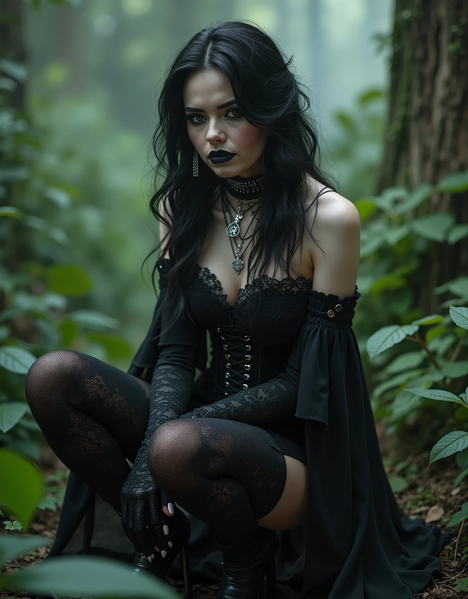 a stylish emo pale witch gothic woman crouched in dark foggy enchanted forest around glowing satanic ritual, witch hat, black velvets, lace, fishnets and leather tinged with scarlet or purple, accessorized with tightly laced corsets, gloves, platform boots and silver jewellery depicting occult themes elegantly quaint in black sludge morbid, fashion and style of dress, typical gothic fashion includes black dyed hair and black clothes wear dark eyeliner, dark nail polish and lipstick, and dramatic makeup (best quality,4k,8k,highres,masterpiece:1.2),ultra-detailed,(realistic,photorealistic,photo-realistic:1.37),HDR,UHD,studio lighting,ultra-fine painting,sharp focus,physically-based rendering,extreme detail description,professional,bokeh,portrait,high fashion,elegant,glamorous,cinematic,dramatic lighting,moody,mysterious,sensual,sophisticated
