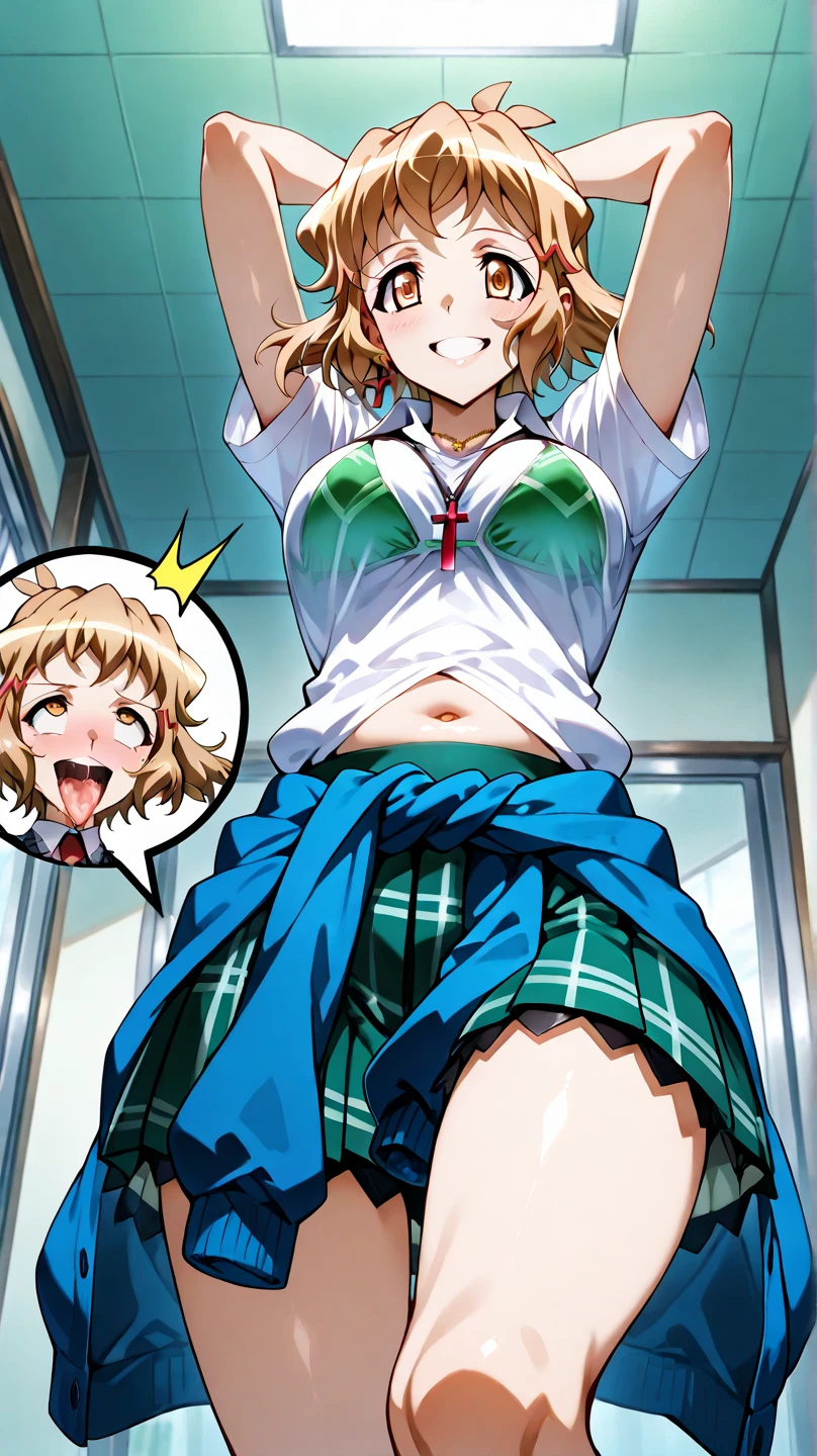 my hero academia、Himiko Toga、Super high quality、8K.1 person or less、blonde((alone, 1 girl)), shining eyes, big and full breasts, High resolution, best lighting, highly detailed illustrations, blush, embarrassing, smile, , Realistic white panties, crotch seam, Underwear details、detailed panties,  Take-out、pantyhose, （（（spread your legs）））, crotch of dirty panties、white underwear、lace underwear、high school uniform、shirt、red ribbon、（（（Navy blue miniskirt）））、Low - Angle、Pants are fully visible、nsfw