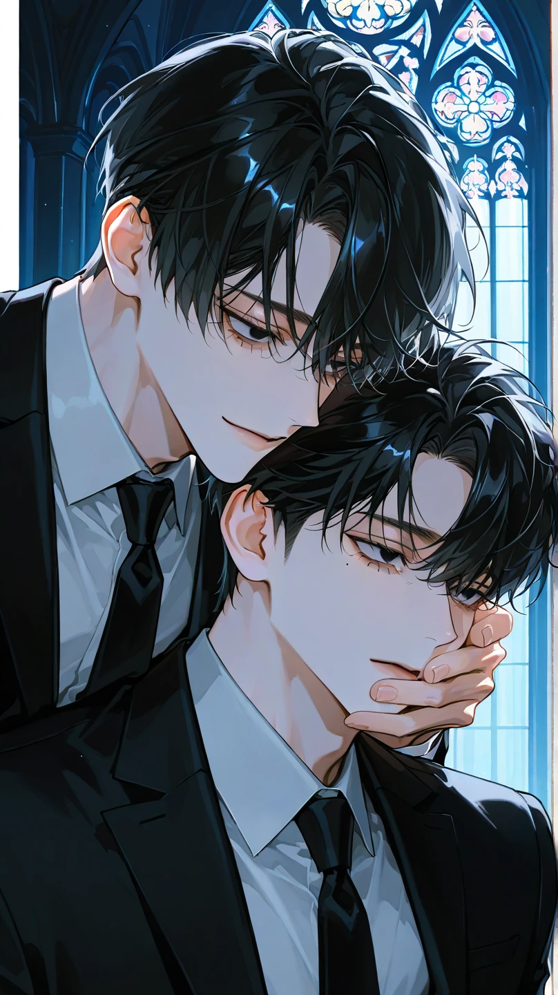 2mele,white business shirt,suit jacket,black hair,handsome,mole under eye,adult male,suit,black tie,face close-up,gloomy mood,fleeting mood,church home background,night,put heads together,mature men,light-complexioned,Two Men,gloomy look,depressed expression,put your hand on your cheek