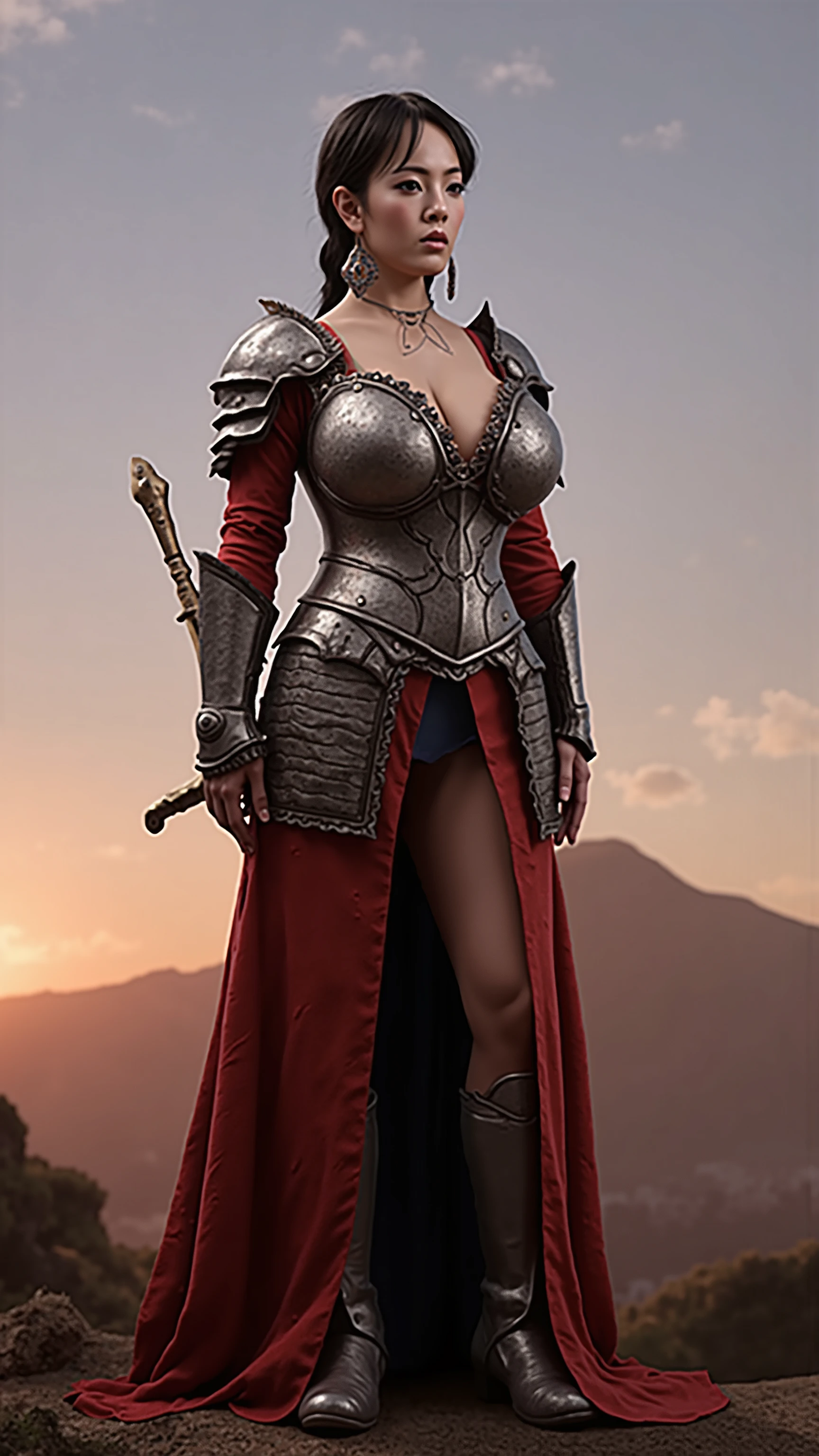 A feminine knight, sparkling eyes, natural makeup, chain mail Faulds, short messy windy hair, gigantic breasts, cleavage, intricately engraved full body armor, red scarf, red sky, at sunset, dynamic pose, [style of Karol Bak : film grain, real life photo : 0.75]