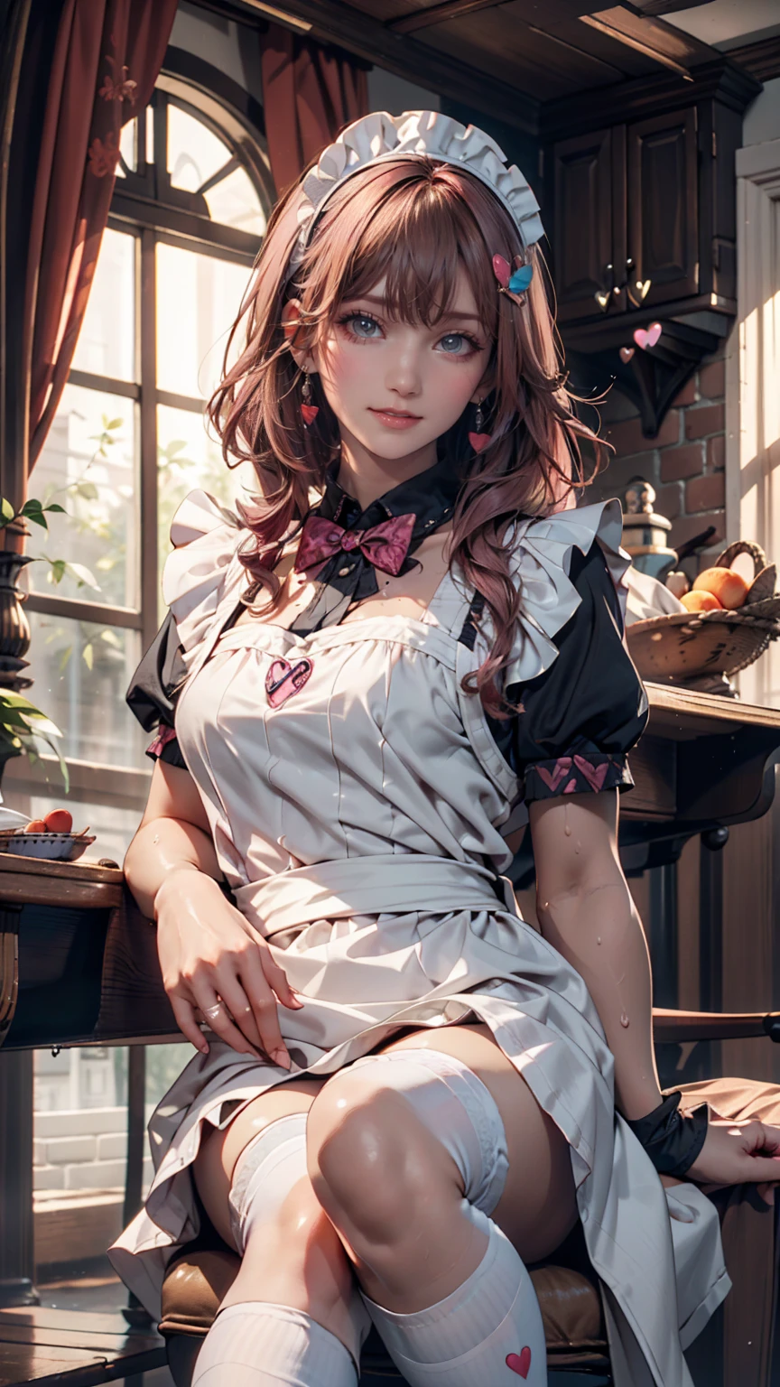 One girl, apron, bow, cube hair ornaments, dress, Frills, dark (Performance), hair ornaments, heart, heart hands, Long Hair, avert your eyes, Maid, Maid apron, Maid headdress, Mary Jane, One side up, Pink Hair, Shadowed face, shoes, short dress, alone, Sweat drops, Knee socks, white Knee socks, zettai ryouiki,