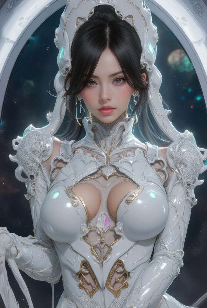 top-quality、tmasterpiece、超A high resolution、(Photorealsitic:1.4)、RAW photo、The upper part of the body,upper legs,Robot Angel、Naked、Porn、Full Sex、Large wing made of metal、(White porcelain body)、whaite hair、glowy skin、(1 Cyborg Girl)、((Super realistic details))、porate、globalillumination、black shadows、octan render、8K、ultrasharp、Character edge light,Colossal 、Raw skin is exposed in cleavage、Details of complex ornaments、Sumerian detail hydraulic cylinder、small led lights、highly intricate detail、Realistic light、a purple eye、Radiant eyes、Facing the camera、neon light detail、cow boy shot、Futuristic headgear、Floor plan about the《cyber punk perssonage》、、