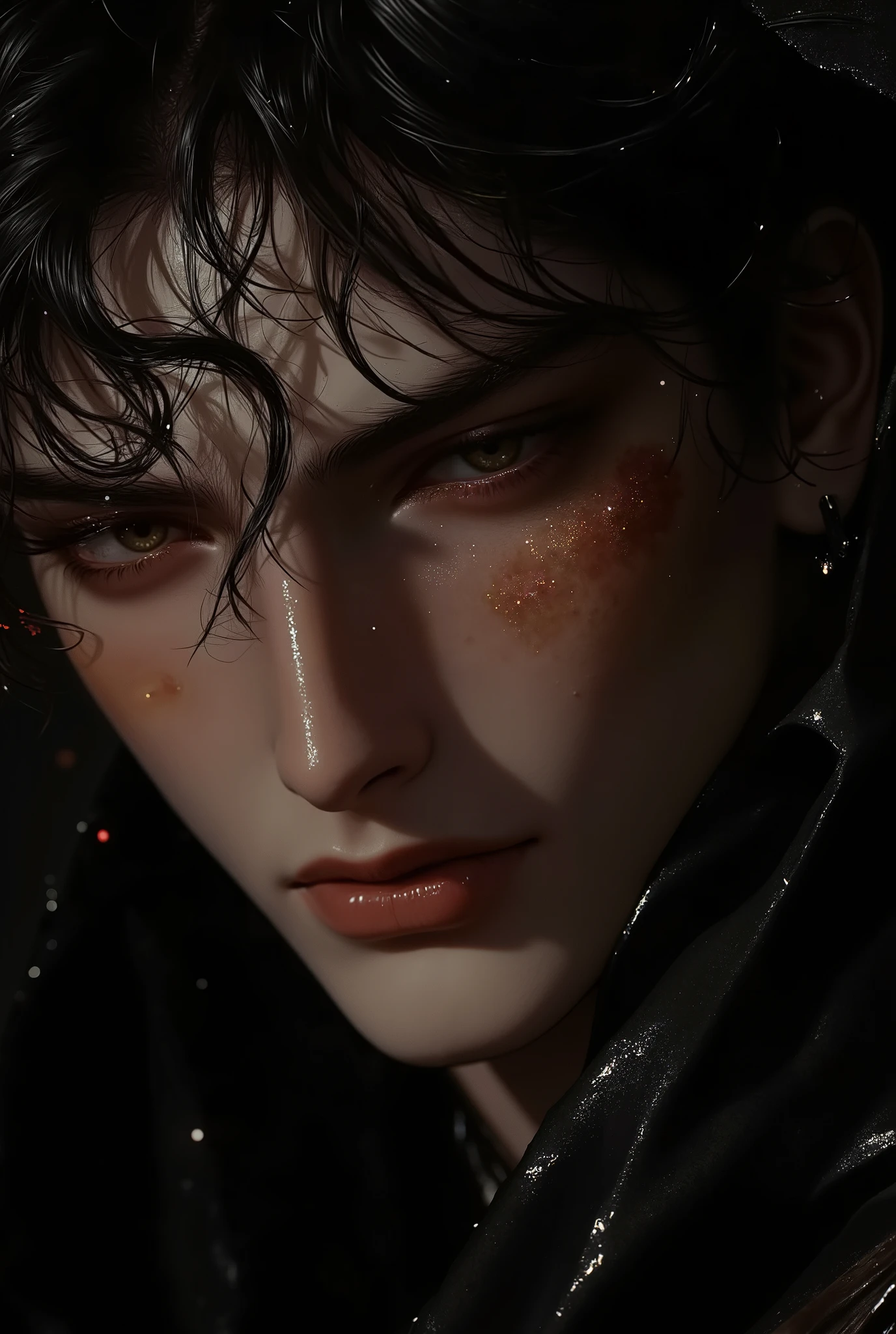 A hyper-realistic close-up portrait of an extraordinarily handsome man inspired by the dramatic elegance and mysterious allure of Blacknight Hollyhock (Alcea rosea ‘Blacknight’), symbolizing beauty, strength, and mystery.
His eyes are a striking, deep onyx black with subtle flecks of crimson and garnet, reminiscent of the dark, velvety petals of Blacknight Hollyhocks. They are almond-shaped, glowing with intensity and depth, framed by thick, naturally arched lashes that enhance their hypnotic effect. His gaze is both enigmatic and captivating, exuding quiet confidence and charm.
His face is perfectly structured, with sharp cheekbones and a well-defined jawline that conveys strength and masculinity. His skin is a warm, deep bronze with soft undertones of gold, creating a radiant glow under the moody, dramatic lighting. His nose is slightly aquiline, with a straight bridge and finely sculpted nostrils, adding a regal elegance to his features. His lips are full and well-defined, with a soft, natural maroon tint that mirrors the bold tones of the Hollyhock’s petals, slightly parted in an inviting, confident expression.
His hairstyle is a long, layered, and slightly wavy flow, reminiscent of cascading hollyhock petals. The dark, jet-black hair has a rich texture, with subtle streaks of deep burgundy and plum catching the light, adding depth and drama to the look. The hair frames his face elegantly, falling in soft waves over his shoulders, evoking both strength and refined grace.