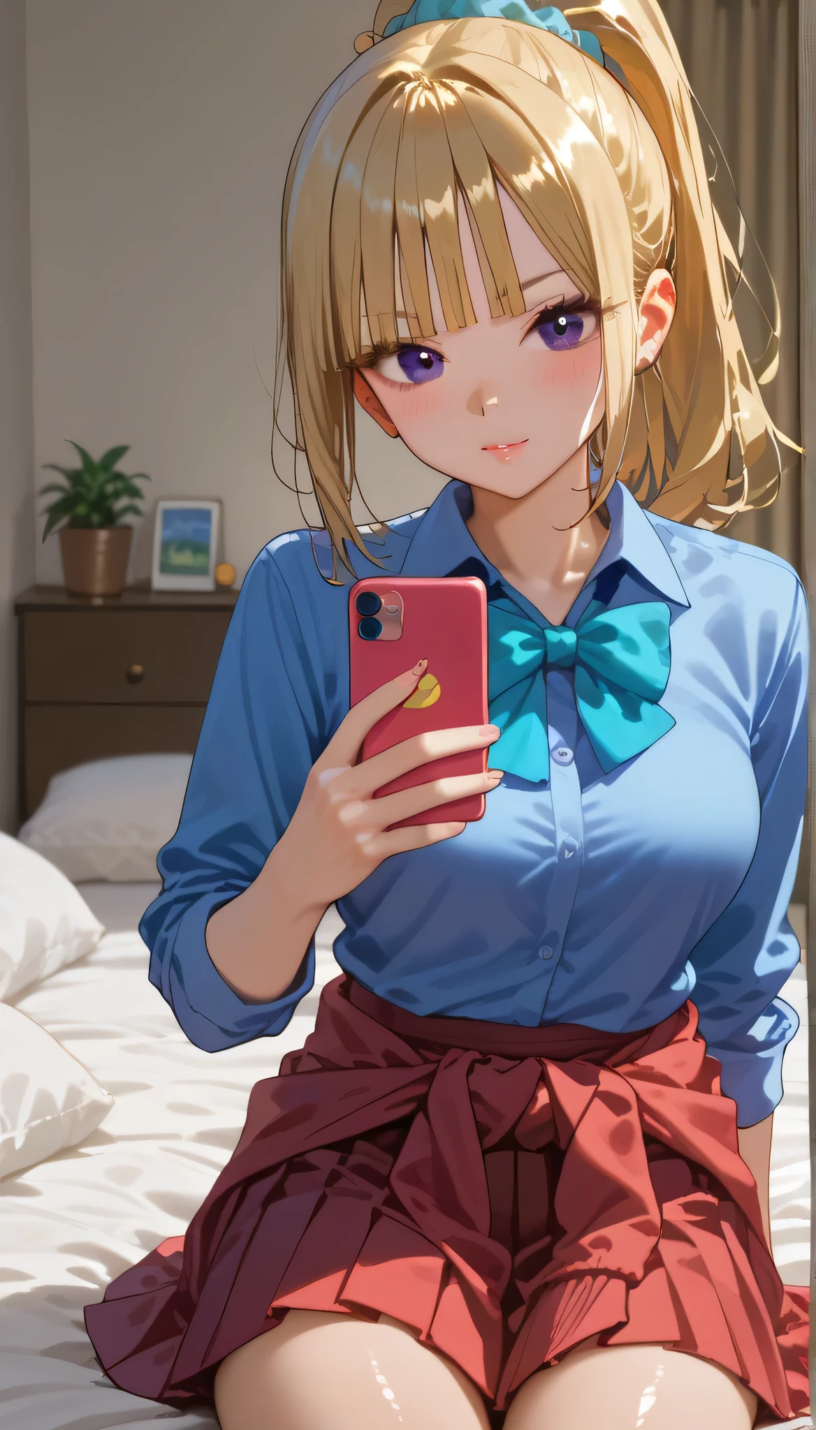 score_9,score_8_up,score_7_up, shiny skin, solo, 1girl, KeiKaruizawa, karuizawa, 1girl, blonde hair, ponytail hairstyle, blue scrunchie, blunt bangs, purple eyes, violet eyes, light blue shirt, collared shirt, bowtie, clothes around waist, pleated skirt, red skirt, Masterpiece, cowboy shot, smart phone, mirror selfie, Blush, yellow smartphone, iphone reference, sit on bed, bed room