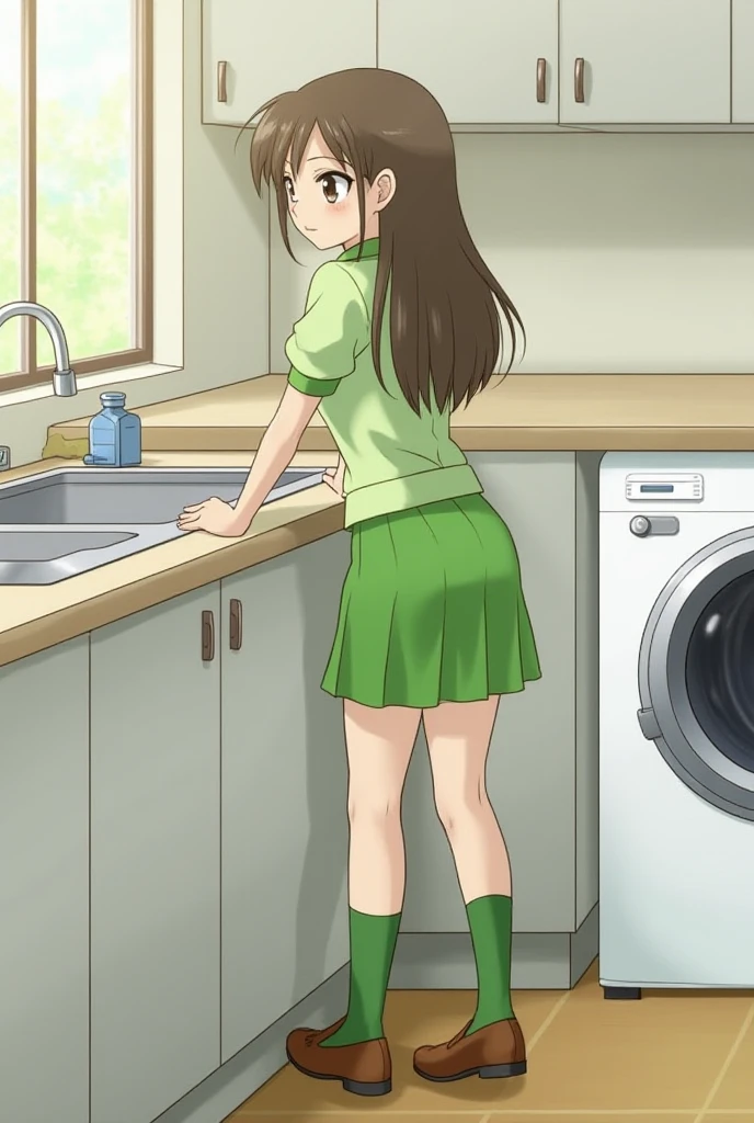 full body, barefoot, masterpiece, a beautiful schoolgirl, (fantasy refrigerator  background), erotic photoshoot, a desk, from behind, schoolgirl uniform, shackles on legs, barefoot sole ,happy face, looking to the viewer, big open eyes, blush