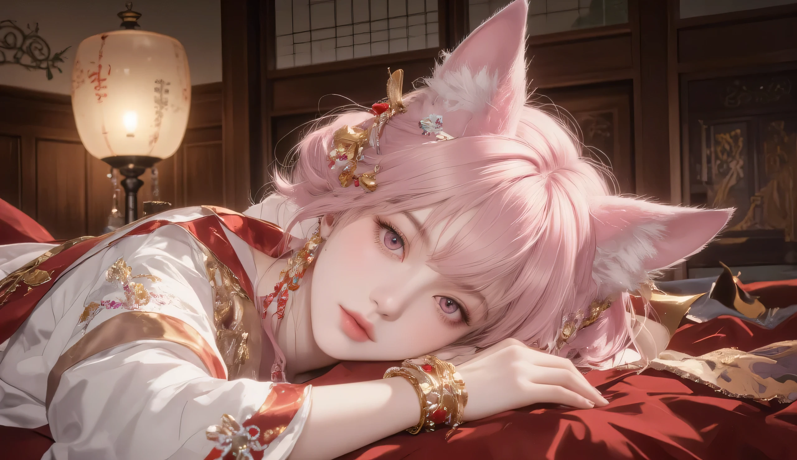 A beautiful anime-style girl with fox-like ears and pink hair, lying on a luxurious bed with a soft, silk red blanket. Her golden accessories with gemstone details shimmer in the dimly lit room. She gazes softly with deep pink eyes, her expression calm yet slightly melancholic. The warm ambient light from a traditional Japanese lamp casts gentle shadows on her delicate features. The background features an elegant Japanese-style room with wooden panels and intricate decor, exuding a serene and intimate atmosphere. The details of her outfit include a white and red robe with golden accents, perfectly complementing the aesthetic. The scene is detailed, highly realistic, with soft lighting and intricate textures, creating an emotional and immersive composition.