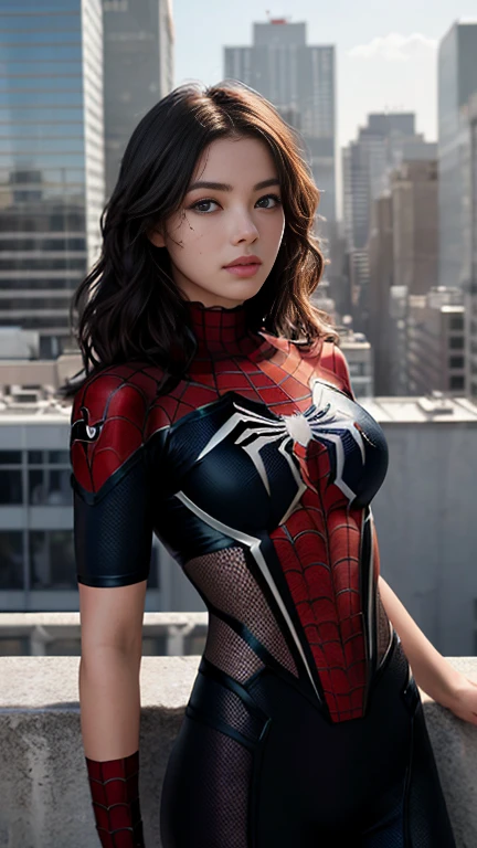 (1girl:1.3), Solo, (((Very detailed face)))), ((Very detailed eyes and face)))), Beautiful detail eyes, Body parts__, Official art, Unified 8k wallpaper, Super detailed, beautiful and beautiful, beautiful, masterpiece, best quality, original, masterpiece, super fine photo, best quality, super high resolution, realistic realism, sunlight, full body portrait, amazing beauty, dynamic pose, delicate face, vibrant eyes, (from the front), She wears Spider-Man suit, red and black color scheme, spider, very detailed city roof background, rooftop, overlooking the city, detailed face, detailed complex busy background, messy, gorgeous, milky white, highly detailed skin, realistic skin details, visible pores, clear focus, volumetric fog, 8k uhd, DSLR, high quality, film grain, fair skin, photo realism, lomography, futuristic dystopian megalopolis, translucent,((Bend your knees and open your legs wide:1.2)),Use both hands to cover your breasts.