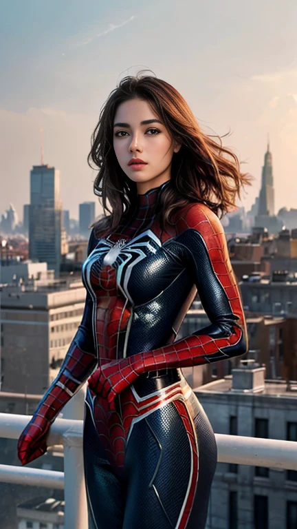 (1girl:1.3), Solo, (((Very detailed face)))), ((Very detailed eyes and face)))), Beautiful detail eyes, Body parts__, Official art, Unified 8k wallpaper, Super detailed, beautiful and beautiful, beautiful, masterpiece, best quality, original, masterpiece, super fine photo, best quality, super high resolution, realistic realism, sunlight, full body portrait, amazing beauty, dynamic pose, delicate face, vibrant eyes, (from the front), She wears Spider-Man suit, red and black color scheme, spider, very detailed city roof background, rooftop, overlooking the city, detailed face, detailed complex busy background, messy, gorgeous, milky white, highly detailed skin, realistic skin details, visible pores, clear focus, volumetric fog, 8k uhd, DSLR, high quality, film grain, fair skin, photo realism, lomography, futuristic dystopian megalopolis, translucent