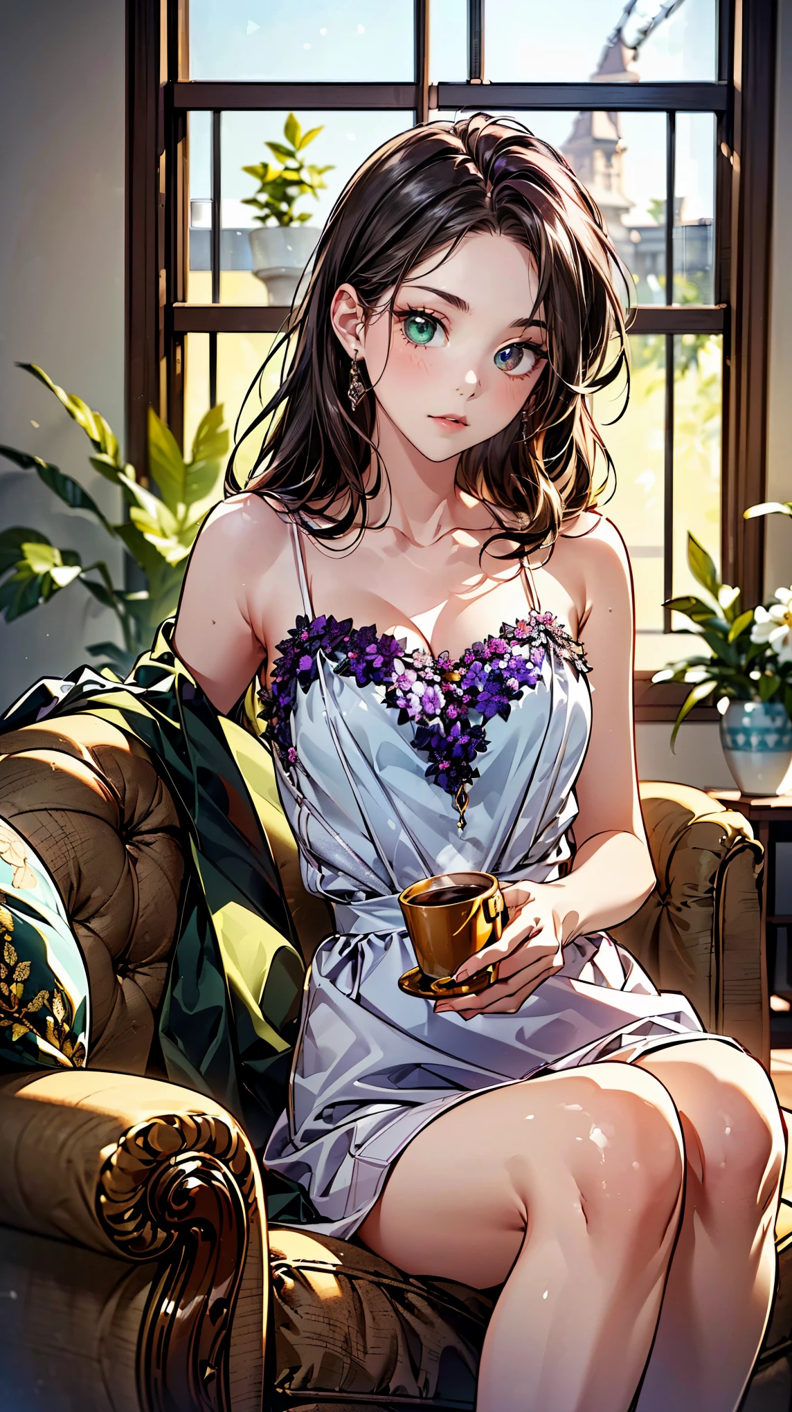 top quality、超 Masterpiece、 Masterpiece、(((A -yeld su beautiful girl)))、((( rainbow heterochromia、 red eyes、 green eyes)))、Odd Eye 、(((Sparkling, detailed eyes )))、((( long hair mixed with platinum and purple )))、Sleepy Smile 、((( clear, glossy white skin )))、( Lovely floral camisole )、 Sen by Zkumiko Oumae {x}、((( Lovely Living Room )))、((fireplaceを背にしてsofaに座る))、Coffee cup in hand、(sofa)、((fireplace))、 anatomically correct depiction 、 super real、Super beautiful、Ultra-detailed imagery、Extremely Precise 、 cinematic lighting