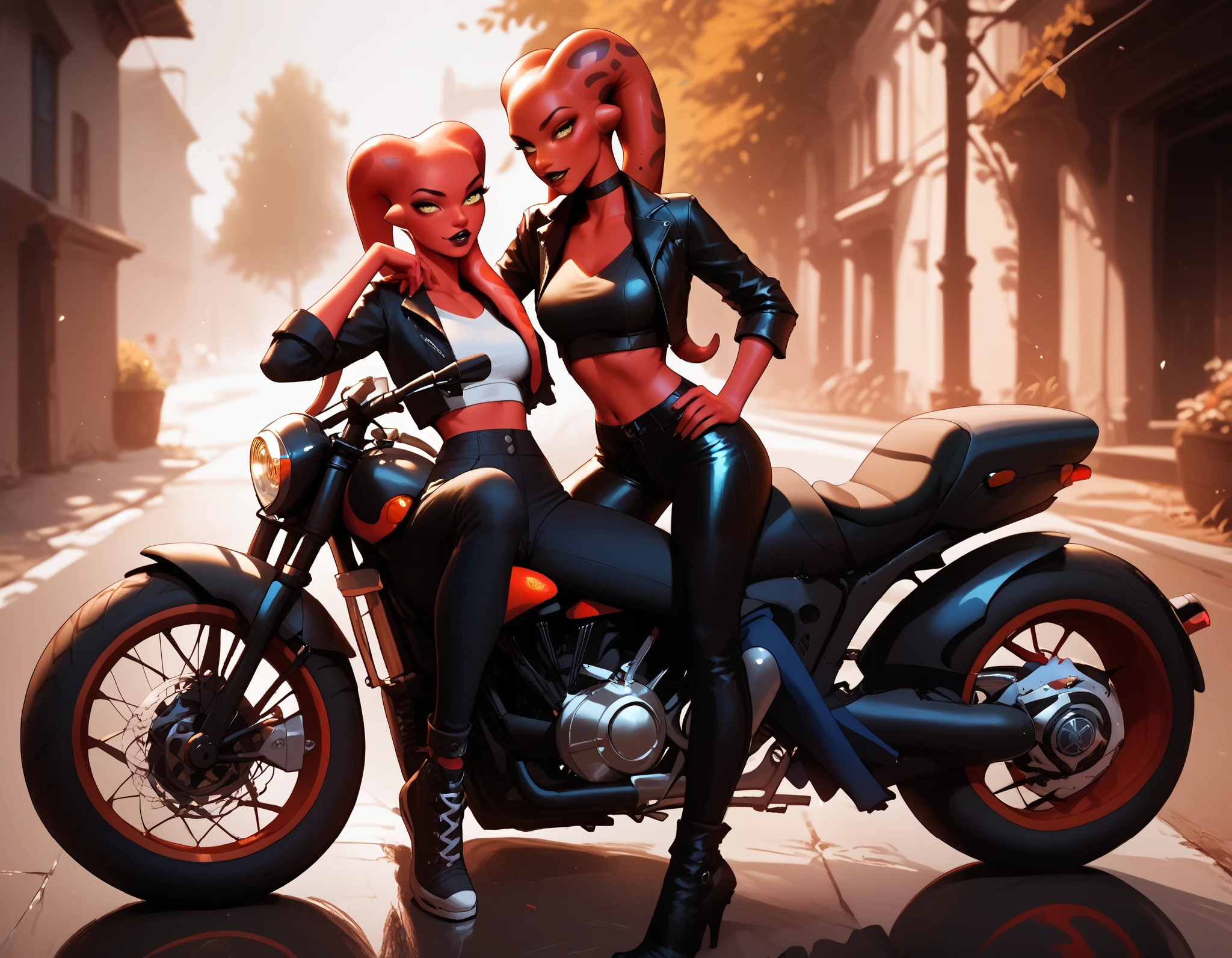 2girls, Twi'lek women, red skin, red lekku, stunning yellow eyes, 18 years old, wearing black leather pants and top, next to a motorcycle