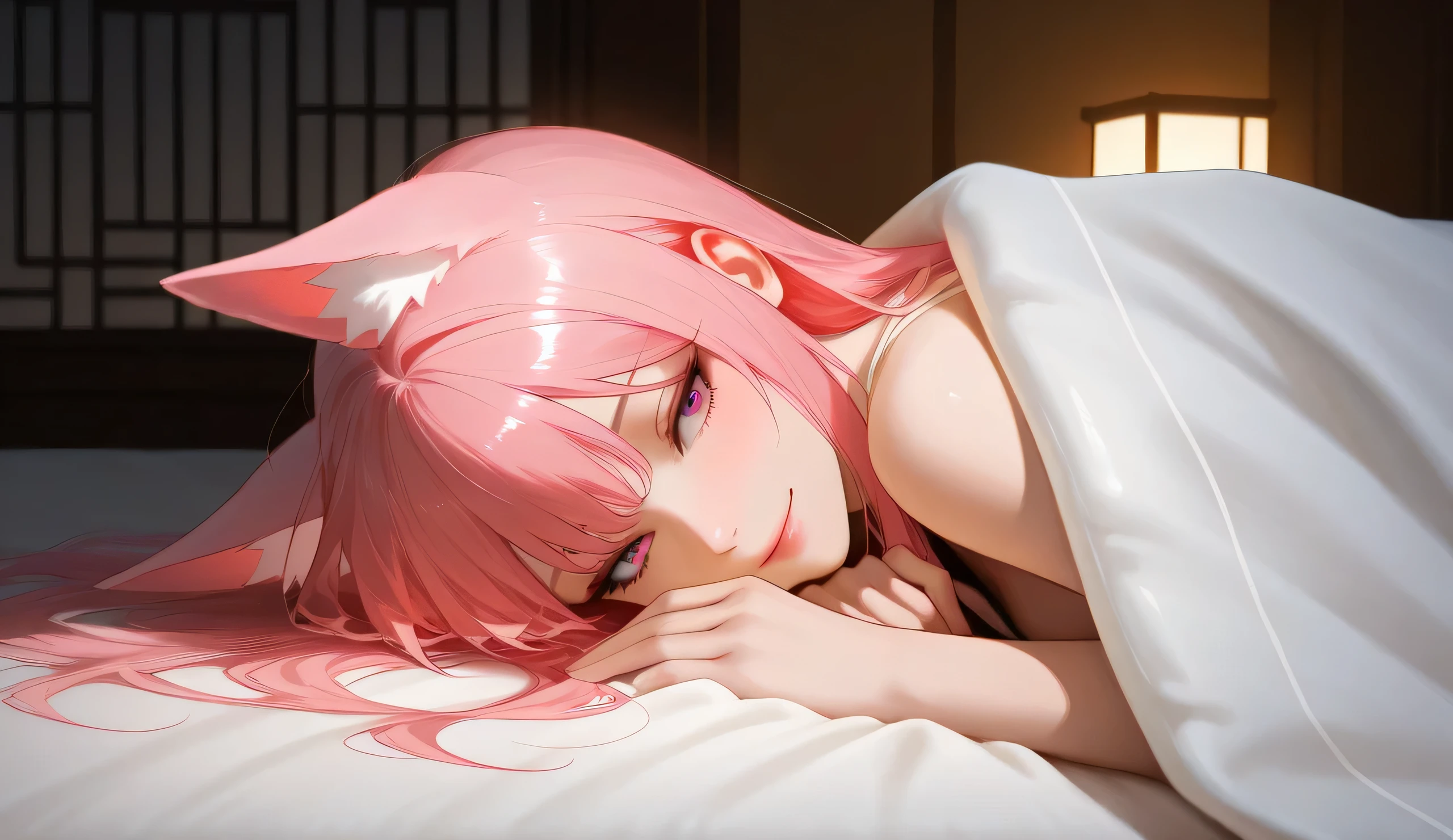 A beautiful anime-style girl with fox-like ears and pink hair, lying on a luxurious bed with a soft, silk red blanket. Her golden accessories with gemstone details shimmer in the dimly lit room. She gazes softly with deep pink eyes, her expression calm yet slightly melancholic. The warm ambient light from a traditional Japanese lamp casts gentle shadows on her delicate features. The background features an elegant Japanese-style room with wooden panels and intricate decor, exuding a serene and intimate atmosphere. The details of her outfit include a white and red robe with golden accents, perfectly complementing the aesthetic. The scene is detailed, highly realistic, with soft lighting and intricate textures, creating an emotional and immersive composition.