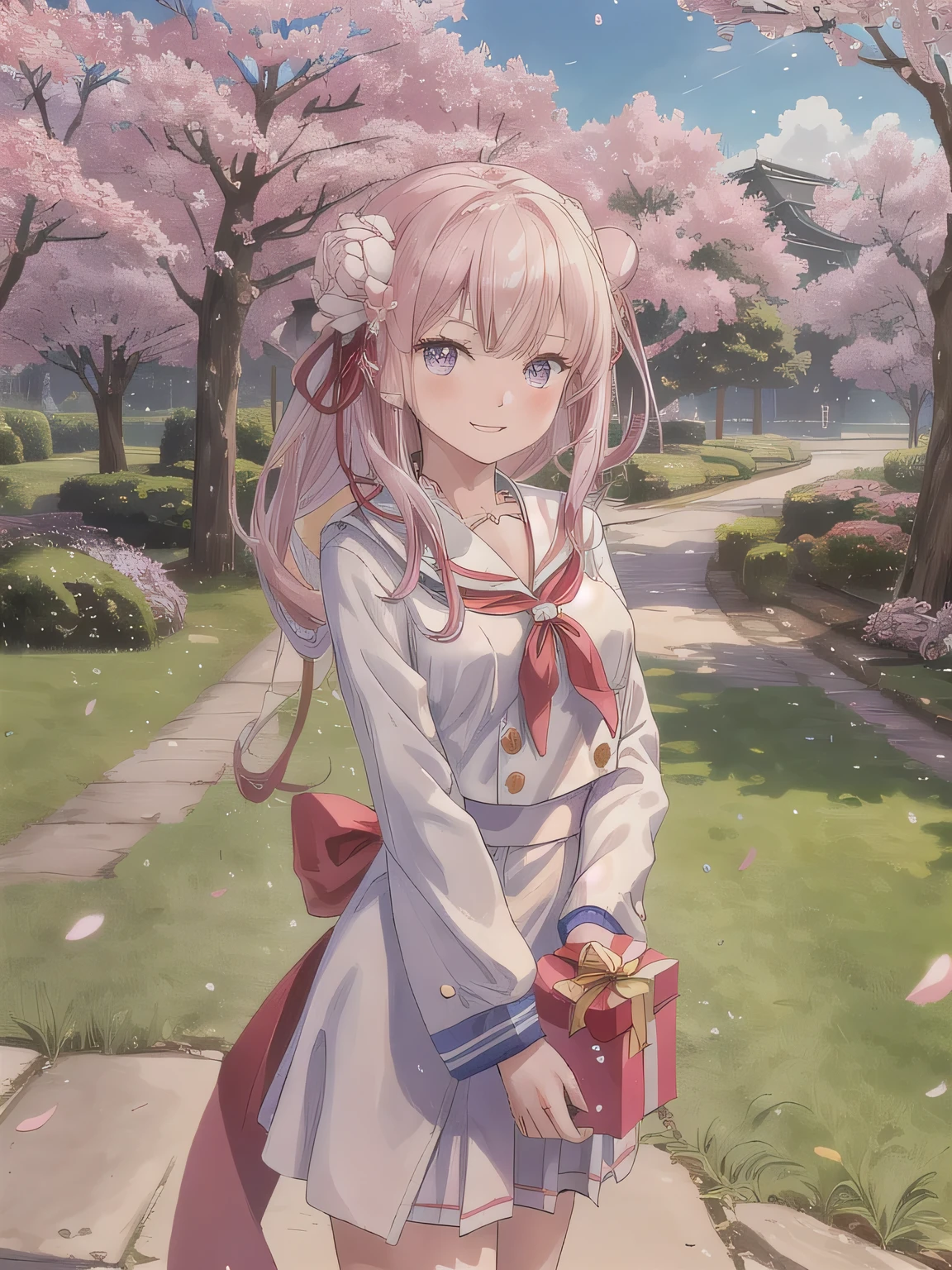 A stunningly beautiful 20-year-old woman stands in a lush green park full of cherry blossoms in full bloom under a clear blue sky. She is wearing a classic sailor uniform and holds a neatly wrapped gift box with a red ribbon in both hands in front of her chest. The box is small, wrapped in decorative paper, and tied with a bow. She looks very happy, with a radiant and joyful expression.A stunningly beautiful 20-year-old woman stands in a lush green park full of cherry blossoms in full bloom under a clear blue sky. She is wearing a classic sailor uniform and holds a neatly wrapped gift box with a red ribbon in both hands in front of her chest. The box is small, wrapped in decorative paper, and tied with a bow. She looks very happy, with a radiant and joyful expression. グレー_髪, 小さい胸, 長い髪.