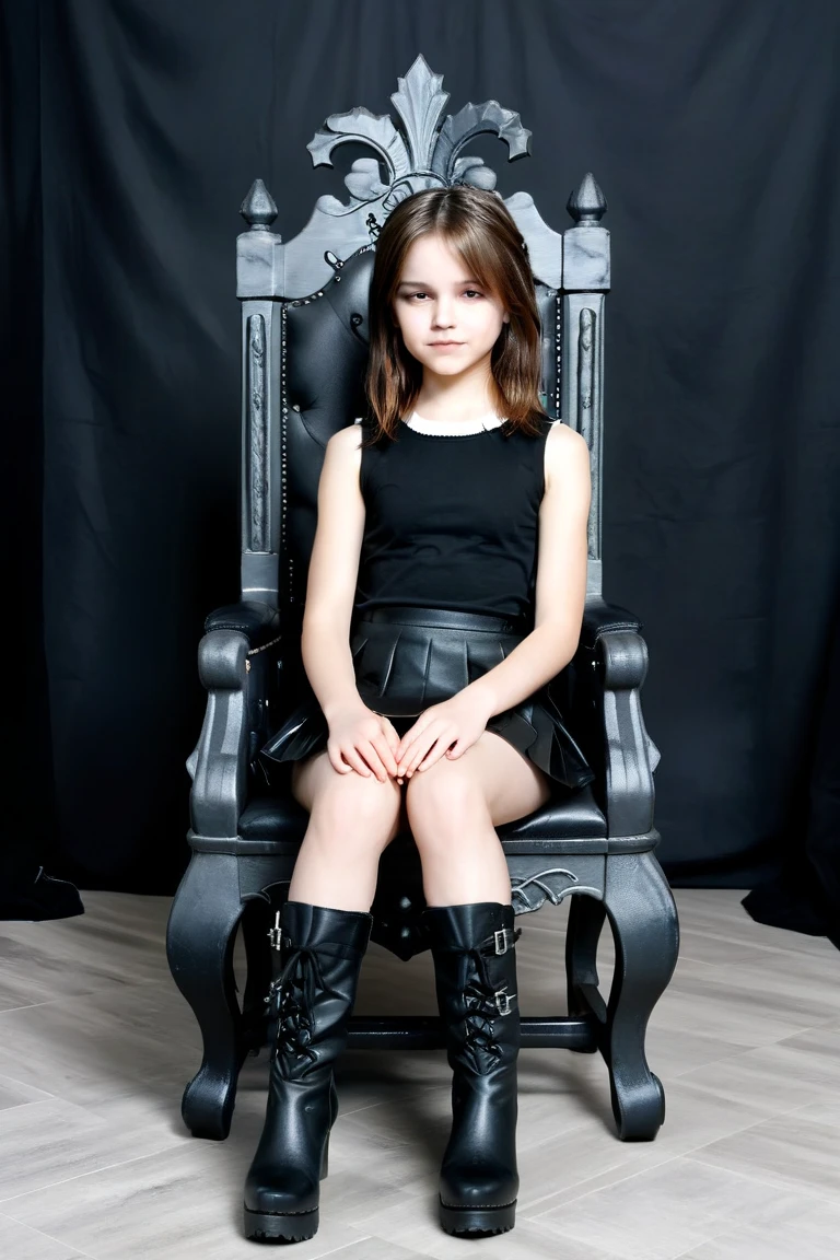 Beautiful 15 year old teenager in a short skirt sitting on a throne in black boots on a white background