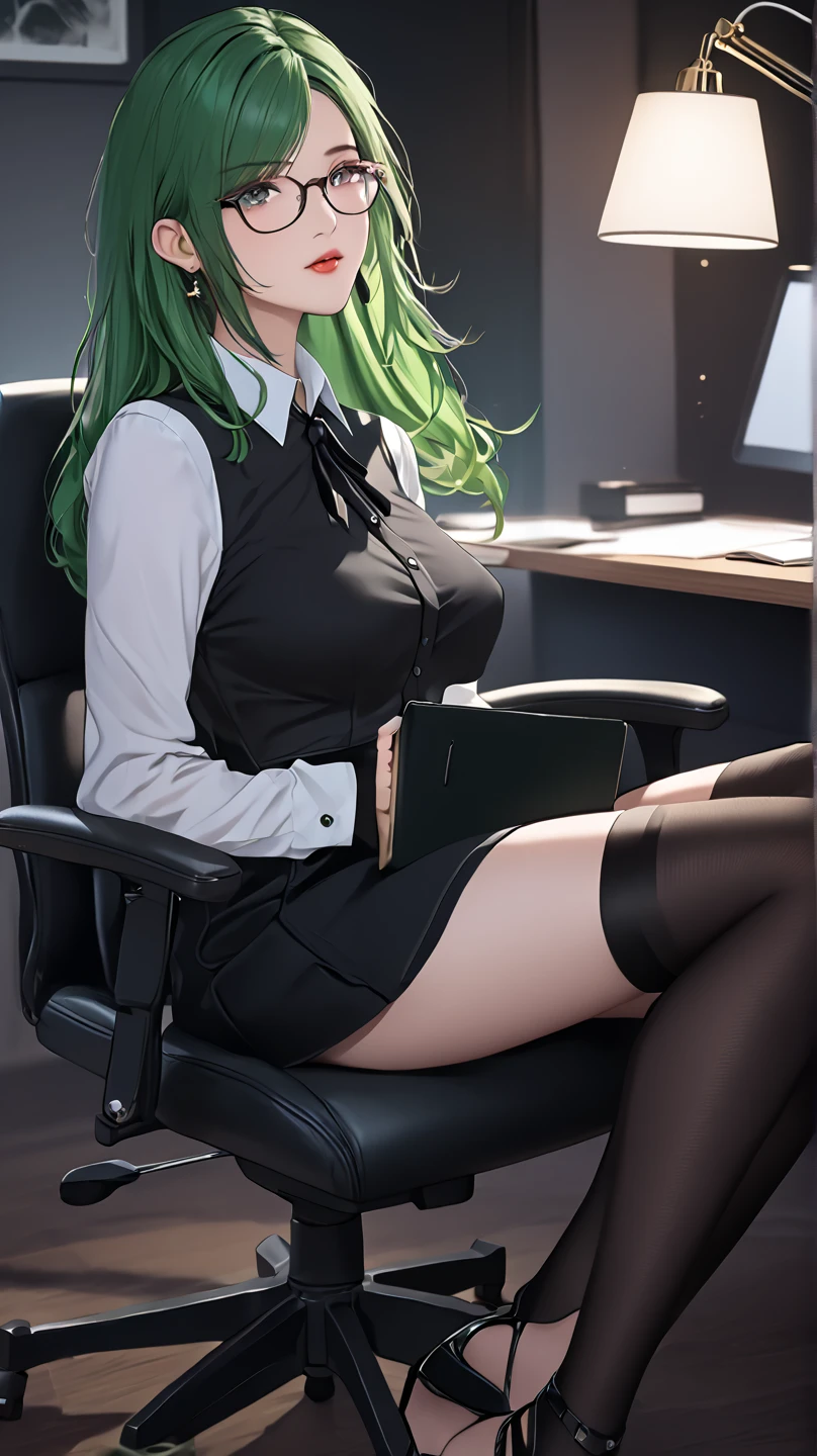 Bad, (Best quality:1.3), (4K quality), ((detailed face)),((smile)), ((skinny body)), Green hairs, (beautiful breasts), ponytail haircuts on the side of her head, cleavage, sexy, (((ecchi)) ), Skinny girl, skinny muscular woman, skinny body, perfect body, sexy skinny body, purple eyes, sexy slang, office, office lady, office clothing, office pantyhose, sitting on a chair, legs open, nsfw, spreading legs, cameltoe, hairy vagina, squirting