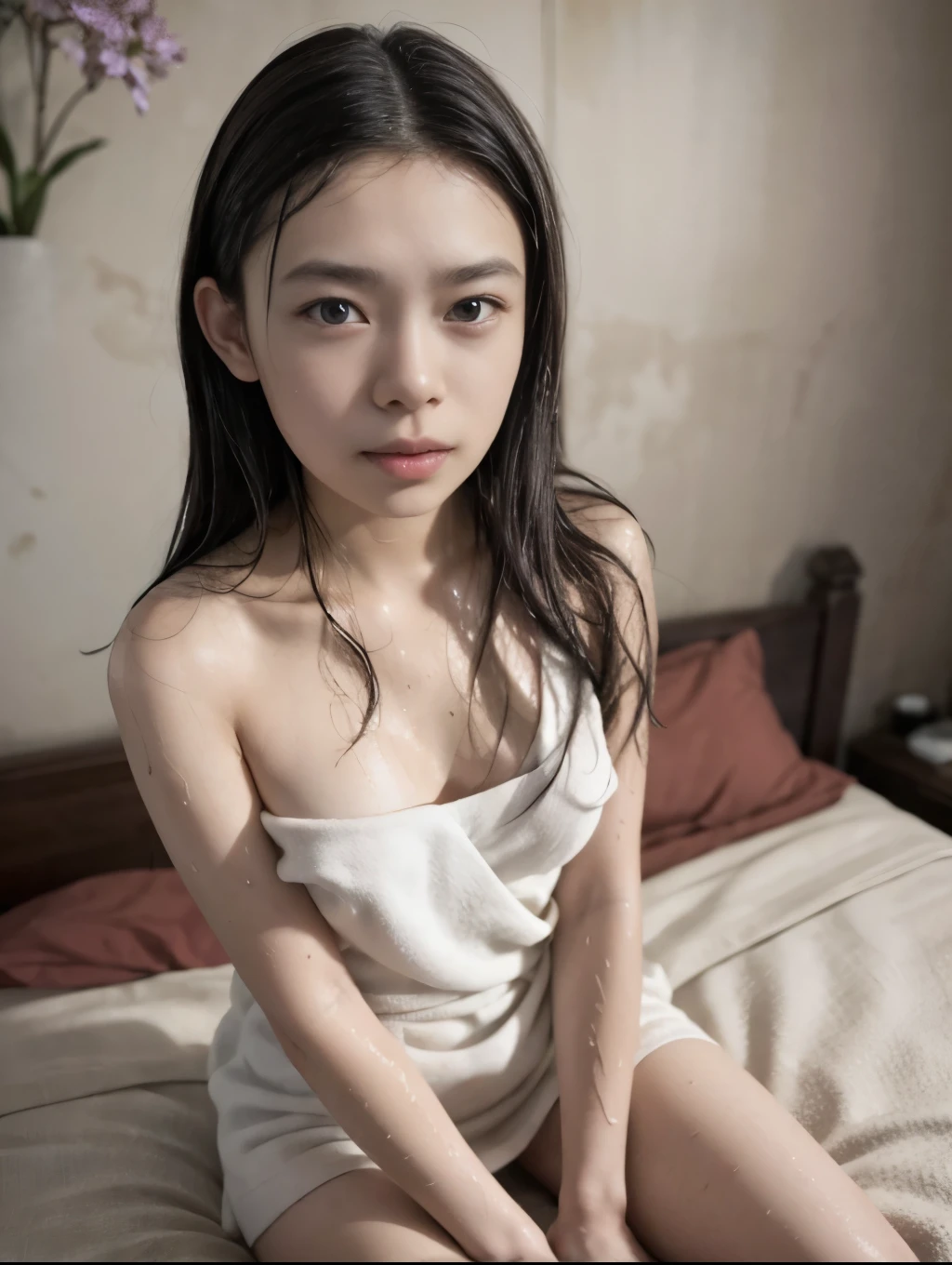 raw photo, 8k, (top-quality), Realistic, (real picture, Intricate details), (natural skin texture, detailed skin, hyper realism, sharpness), (Japanese woman, sitting with knees, in a old and deserted hotel at night, dark and narrow room), ((naked towel)), ((wet hair)), wet skin, thighs, night time, dirty and yellowed wallpaper, small simple bed, tissue box, high angle shot:1.3, look up at the viewer, full body shot, dim lighting