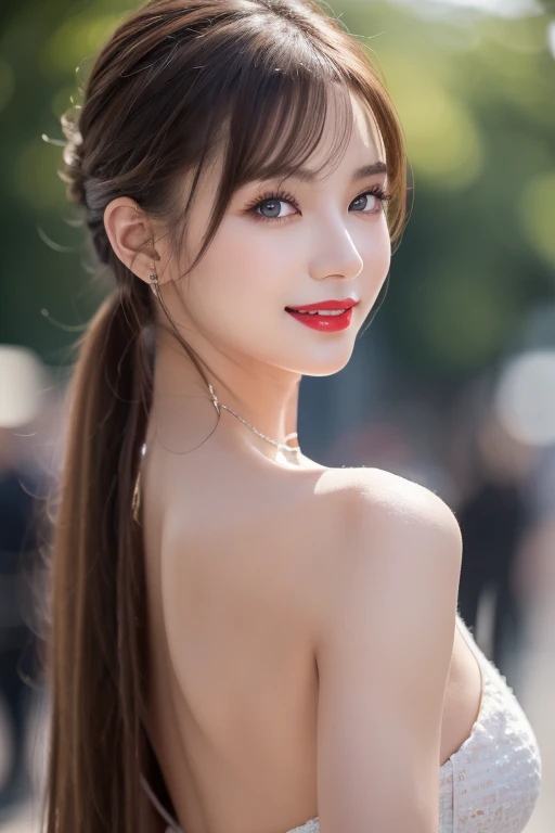 highest quality, Realistic, 8K, High resolution, 1 Girl, woman, (Skin dents), (Portraiture:0.6), nice, ((White Background, , Small breas)), (Brown hair in a long ponytail, Parted bangs:1.4), Watching the audience, (1 Girl eyes Watching the audience:1.6), Realistic, (Bokeh), (Closed Mouth, smile:1.3), nice, Purelos Face_V1:1,Upper body close-up、