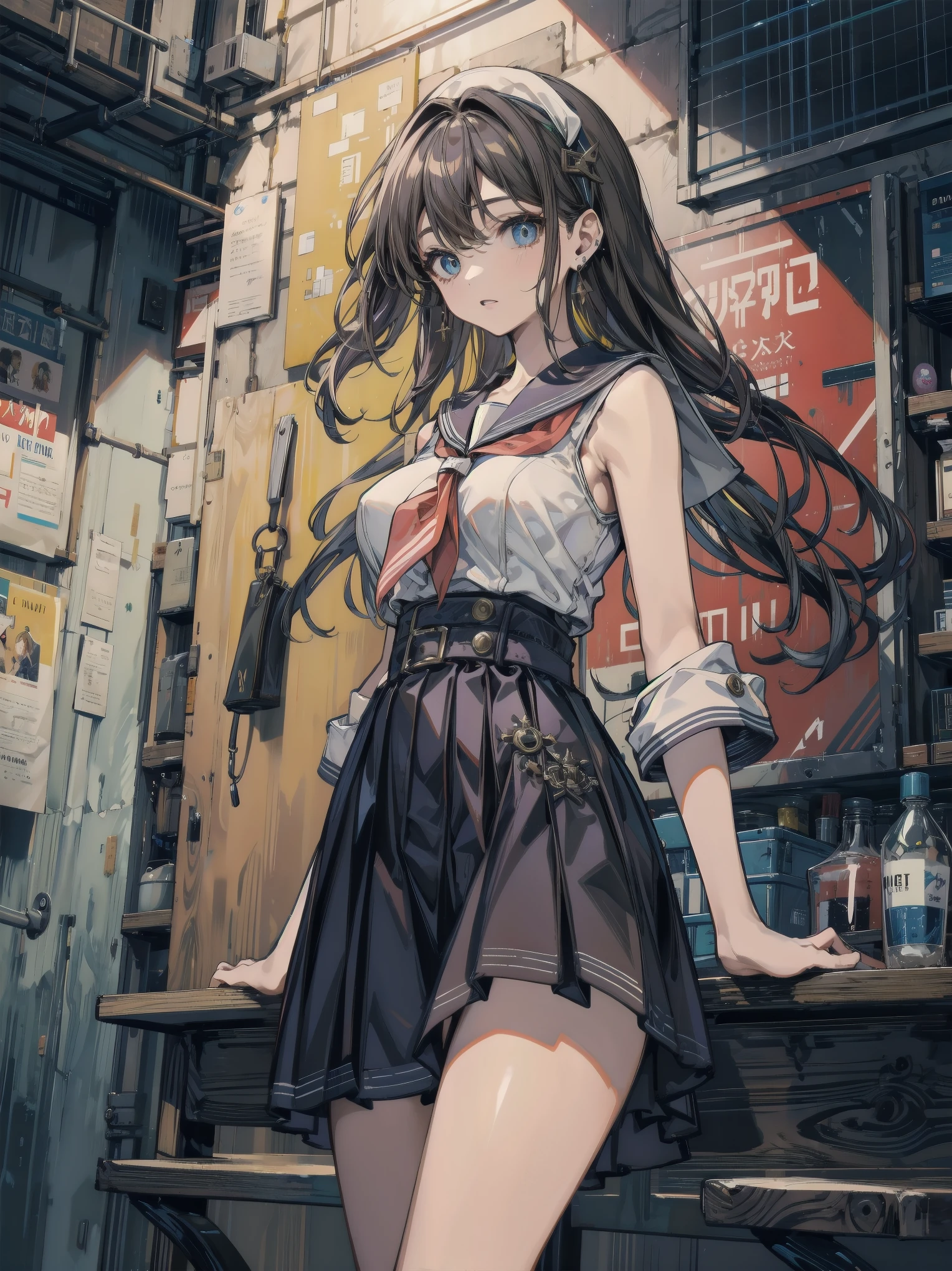 Anime girl in a short skirt standing in front of a building - SeaArt AI