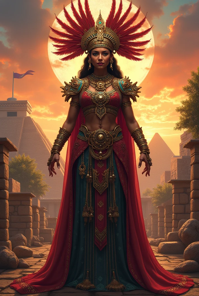 A striking cinematic image of a female superhero dressed in a form-fitting deep red bodysuit, symbolizing the fusion of Egyptian and Native American cultures. Her skin tone is red indian skin tone . She wears golden jewelry inspired by Egyptian designs and has fringed leather elements on her arms and legs, reminiscent of Native American attire. A hooded cloak with an Egyptian-style collar, decorated with turquoise and red beads, drapes her shoulders. Soft leather moccasin-style boots provide stealth. The character's emblem is a stylized sphinx head combined with a dreamcatcher, with gold and red accents she has a golden letter"A" emblem on her belt . Her weapons include a collapsible staff adorned with hieroglyphs and Native American symbols, hidden blades in her gauntlets, a utility belt with smoke pellets and gadgets, and a ceremonial dagger with motifs from both cultures. This unique. She's standing in Athens desert sandstorm is surrounding her, cinematic, photo