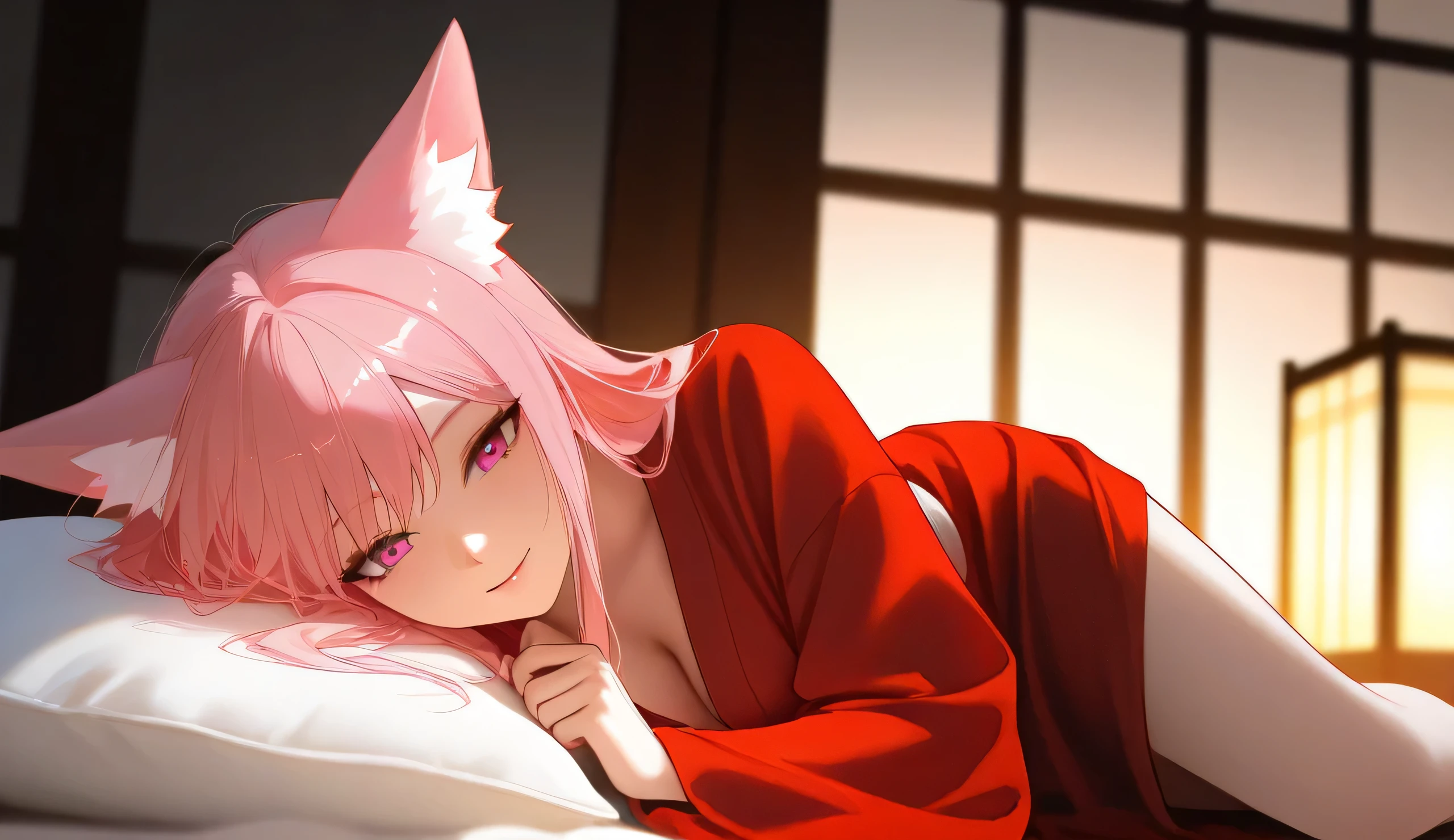 A beautiful anime-style girl with fox-like ears and pink hair, lying on a luxurious bed with a soft, silk red blanket. Her golden accessories with gemstone details shimmer in the dimly lit room. She gazes softly with deep pink eyes, her expression calm yet slightly melancholic. The warm ambient light from a traditional Japanese lamp casts gentle shadows on her delicate features. The background features an elegant Japanese-style room with wooden panels and intricate decor, exuding a serene and intimate atmosphere. The details of her outfit include a white and red robe with golden accents, perfectly complementing the aesthetic. The scene is detailed, highly realistic, with soft lighting and intricate textures, creating an emotional and immersive composition.