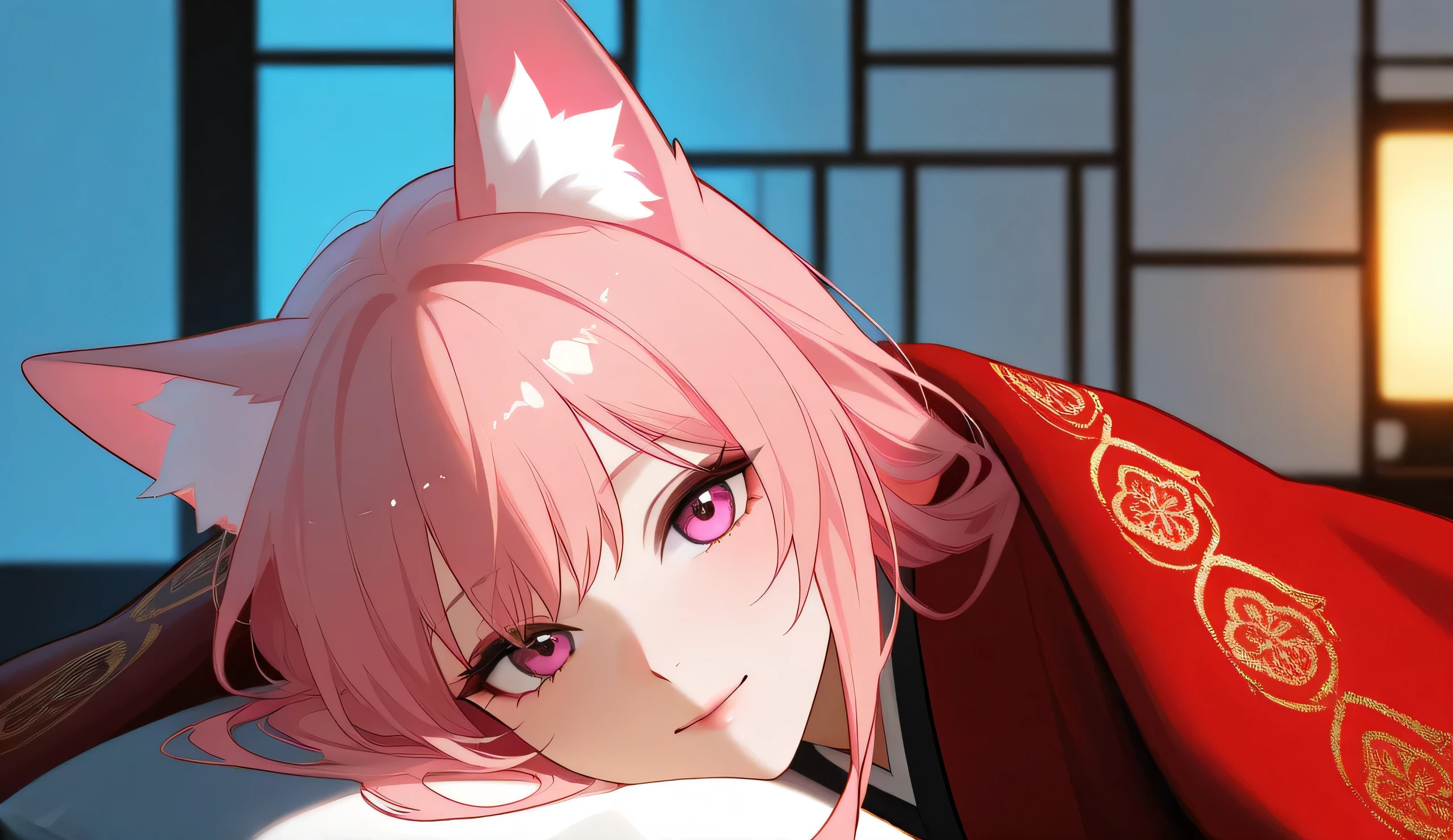 A beautiful anime-style girl with fox-like ears and pink hair, lying on a luxurious bed with a soft, silk red blanket. Her golden accessories with gemstone details shimmer in the dimly lit room. She gazes softly with deep pink eyes, her expression calm yet slightly melancholic. The warm ambient light from a traditional Japanese lamp casts gentle shadows on her delicate features. The background features an elegant Japanese-style room with wooden panels and intricate decor, exuding a serene and intimate atmosphere. The details of her outfit include a white and red robe with golden accents, perfectly complementing the aesthetic. The scene is detailed, highly realistic, with soft lighting and intricate textures, creating an emotional and immersive composition.
