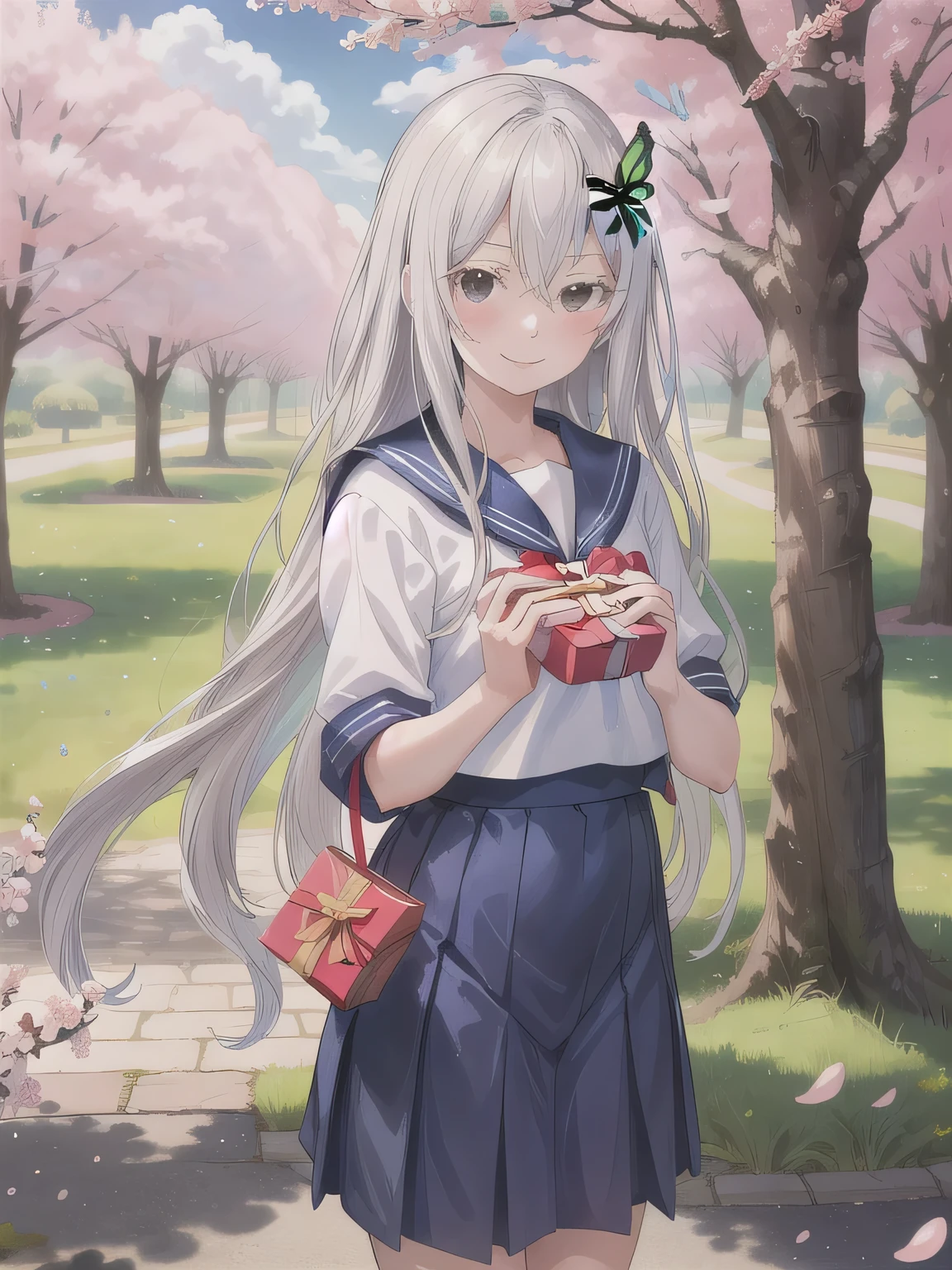 A stunningly beautiful 20-year-old woman stands in a lush green park full of cherry blossoms in full bloom under a clear blue sky. She is wearing a classic sailor uniform and holds a neatly wrapped gift box with a red ribbon in both hands in front of her chest. The box is small, wrapped in decorative paper, and tied with a bow. She looks very happy, with a radiant and joyful expression.A stunningly beautiful 20-year-old woman stands in a lush green park full of cherry blossoms in full bloom under a clear blue sky. She is wearing a classic sailor uniform and holds a neatly wrapped gift box with a red ribbon in both hands in front of her chest. The box is small, wrapped in decorative paper, and tied with a bow. She looks very happy, with a radiant and joyful expression. long hair, butterfly hair ornament, smile, hair between eyes, hair between eyes, very long hair, Gray Hair, ( colored eyelashes :1.2), flower, black eyes, small breasts.