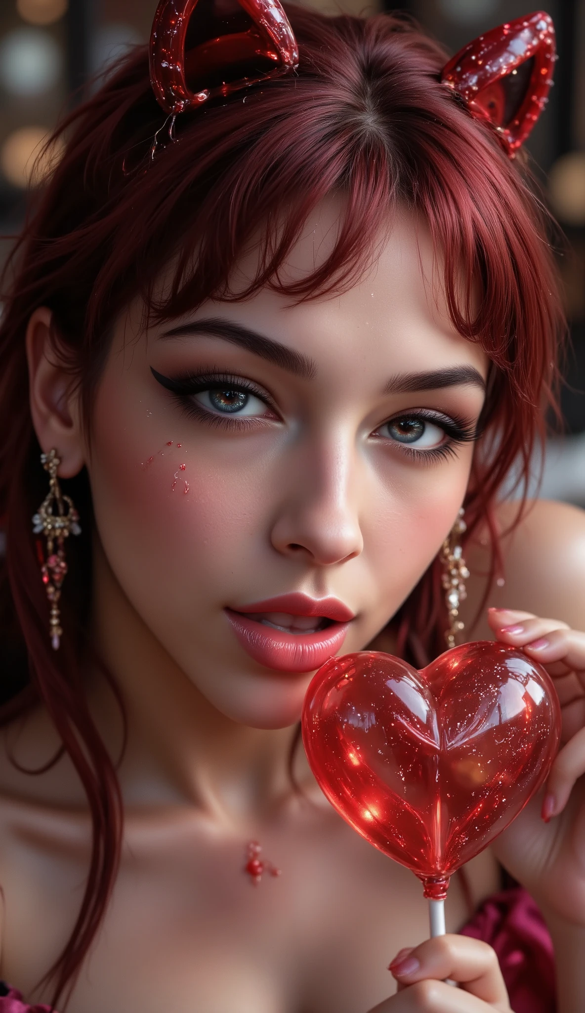 photorealistic image of a (lying pose:1) women, ultrarealistic, Photography, women, hourglass figure, perfect body, flirtatious look, big breasts, blurred background, her wet tongue is licking a big red heart-shaped sugar glossy lollipop while a little saliva drips from his tongue, seductive look, long eyelashes, cat eye makeup