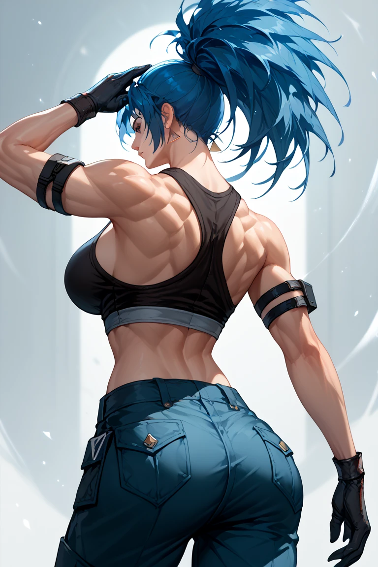 Rey Ayanami from Evangelio, an image in high resolution captures a woman with a mischievous expression,  captivating very blue eyes, and a seductive smile. Her toned and (muscular body) is flawless, girl, wearing a jeans shorts, crawling, big ass, emphasis on the butt, big ass, high resolution,
