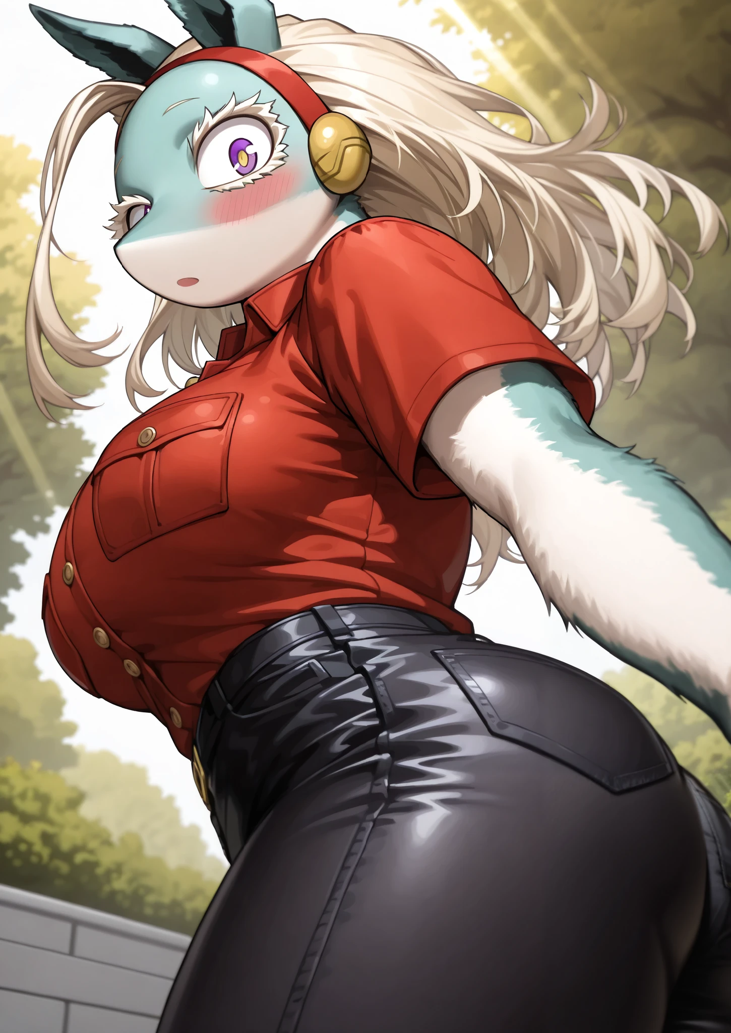 ((ippan josei)), ((my hero academia)), ((masterpiece)), ((high resolution)), ((solo portrait)), ((side view)), ((low angle)), {(attractive figure), (thick thighs), (turquoise body fur), (long bleach-blonde hair), (cute purple eyes), (short white eyelashes), (surprised), (blushing)}, {(tight button-up red shirt), (black jeans), (red headband)}, {(standing), (looking back at viewer)}, ((park)), ((sun rays))