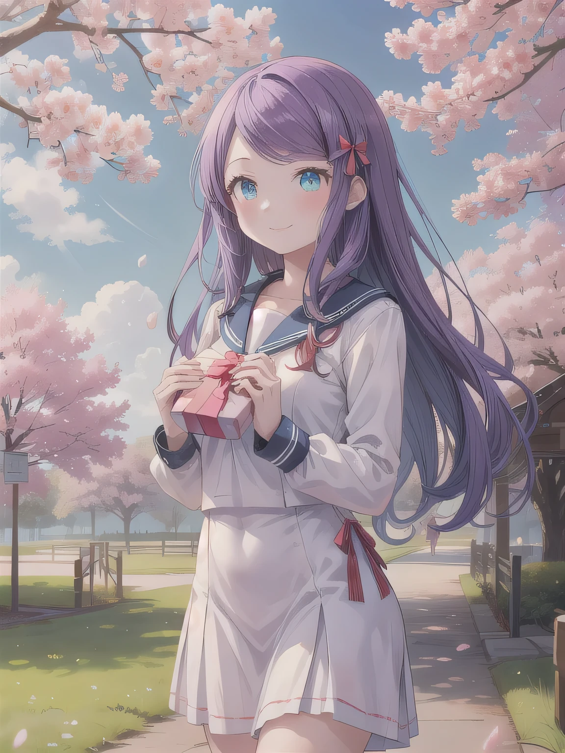 A stunningly beautiful 20-year-old woman stands in a lush green park full of cherry blossoms in full bloom under a clear blue sky. She is wearing a classic sailor uniform and holds a neatly wrapped gift box with a red ribbon in both hands in front of her chest. The box is small, wrapped in decorative paper, and tied with a bow. She looks very happy, with a radiant and joyful expression.A stunningly beautiful 20-year-old woman stands in a lush green park full of cherry blossoms in full bloom under a clear blue sky. She is wearing a classic sailor uniform and holds a neatly wrapped gift box with a red ribbon in both hands in front of her chest. The box is small, wrapped in decorative paper, and tied with a bow. She looks very happy, with a radiant and joyful expression. long hair, blue eyes, purple hair, swift bangs.