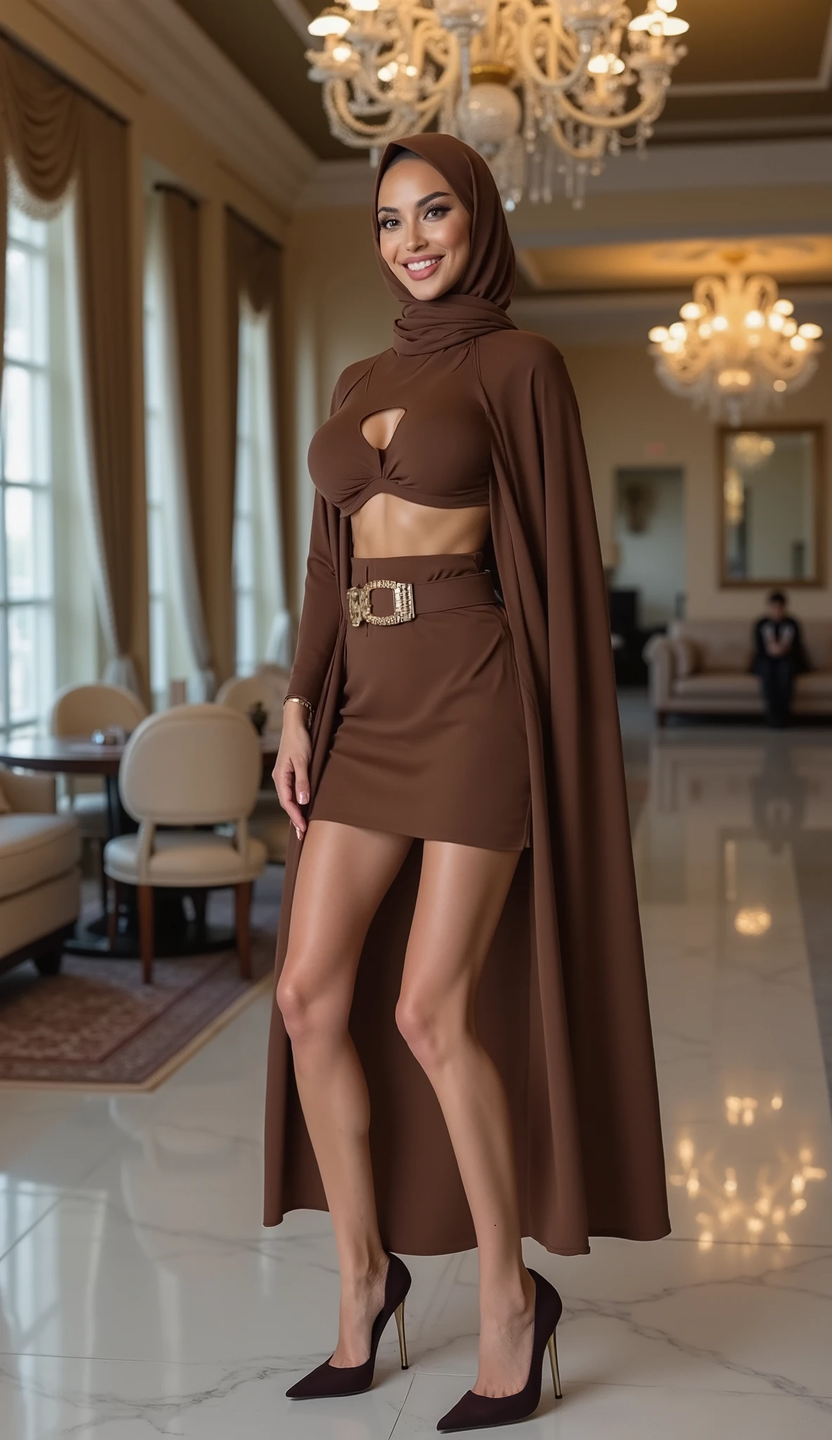 (Ultra-realistic), (high resolution), ((((full-body view)))), (((full-body view))), one beautiful European woman, white beautiful face, instgram model, alluring beauty, dark red lipstick, full make-up, ((wearing stylish hijab)), ((huge breasts)), ((big breasts)), breasts showing from under the clothes, ((wearing a brown flowy cut-out mini-dress)), beautiful legs, long legs, (((wearing stelitto high heel platforms))), standing, smiling, in a luxurious villa, luxurious hall background.