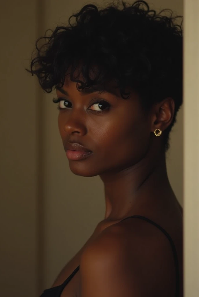 An anime girl naked: :, dark skin: :, curly hair: :, zoomed out: :, full body showing