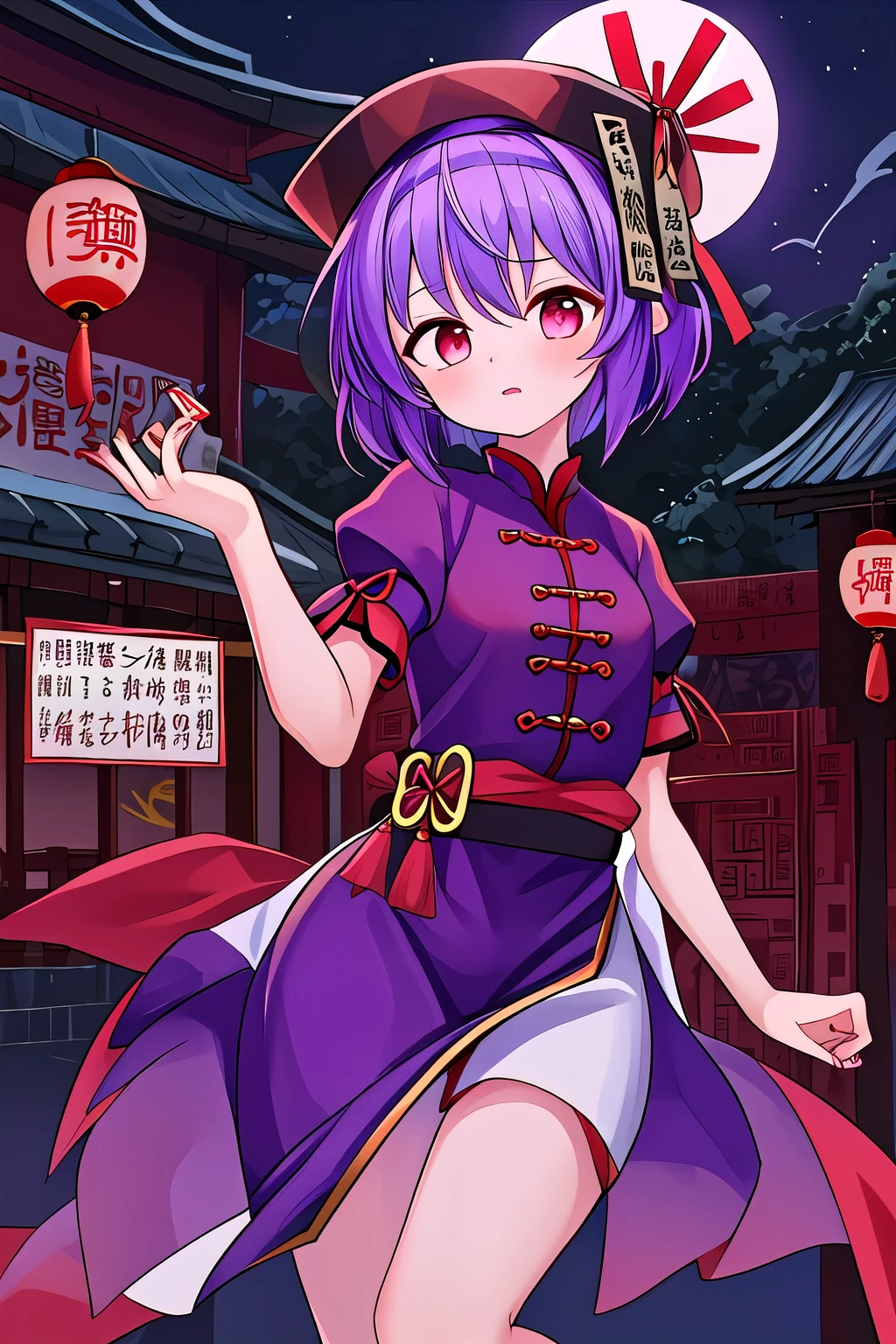 masterpiece, best quality, good quality, newest, 1girl, purple hair , red eye , short hair , jiangshi, qingdai guanmao with a ofuda , in Chinese town, night ,
