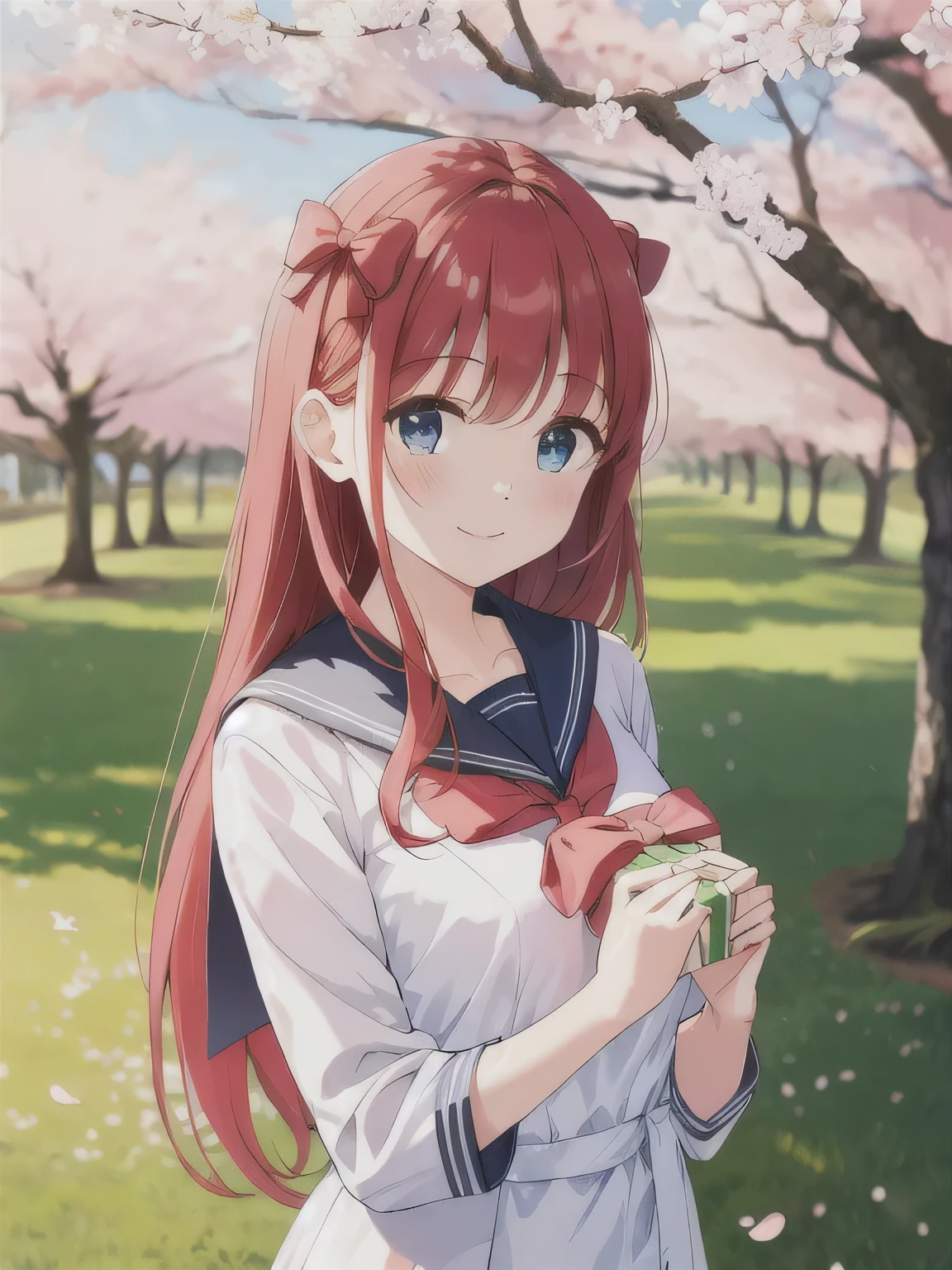 A stunningly beautiful 20-year-old woman stands in a lush green park full of cherry blossoms in full bloom under a clear blue sky. She is wearing a classic sailor uniform and holds a neatly wrapped gift box with a red ribbon in both hands in front of her chest. The box is small, wrapped in decorative paper, and tied with a bow. She looks very happy, with a radiant and joyful expression.A stunningly beautiful 20-year-old woman stands in a lush green park full of cherry blossoms in full bloom under a clear blue sky. She is wearing a classic sailor uniform and holds a neatly wrapped gift box with a red ribbon in both hands in front of her chest. The box is small, wrapped in decorative paper, and tied with a bow. She looks very happy, with a radiant and joyful expression. smile, two side up. red hair 。 with long hair 。 blue eyes。