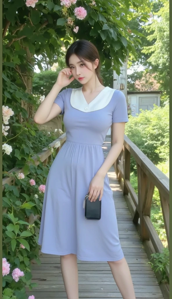 Woman standing by the lake、Beauty、Uniform eyes、20 years old、university student、(((She is wearing a long navy blue dress)))、(((Wearing white panties)))、Smiling、Hands in front、Medium build、Small Bust、Viewer's gaze: Looking at the whole body from the front、, black hair, bangs, long hair, messy hair, light smile, Surrealism, cinematic lighting, tachi-e, first-person view, pov, cowboy shot, f/1.2, Nikon, UHD, best quality, highres, 8k