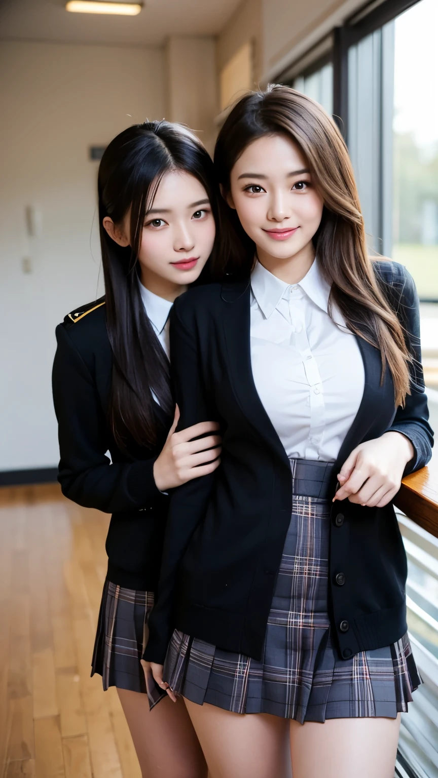 top quality,8k,smile, blazer,Uniform ribbon, mini skirt, high school girl, depicting multiple girls, colorful fashion, harem, idol group, photography, long hair, wearing a cardigan , top quality, big breasted , happy girl , horny girl, yellow eyes, perfect face in the room,Standing, horny girl,Girls hugging each other ,One person's Bangs, beautiful eyes,corridor,Girls hugging each other , Smooth Hair ,Various hair colors , 's naughty girl, beautiful girl, beautiful girl, loose socks