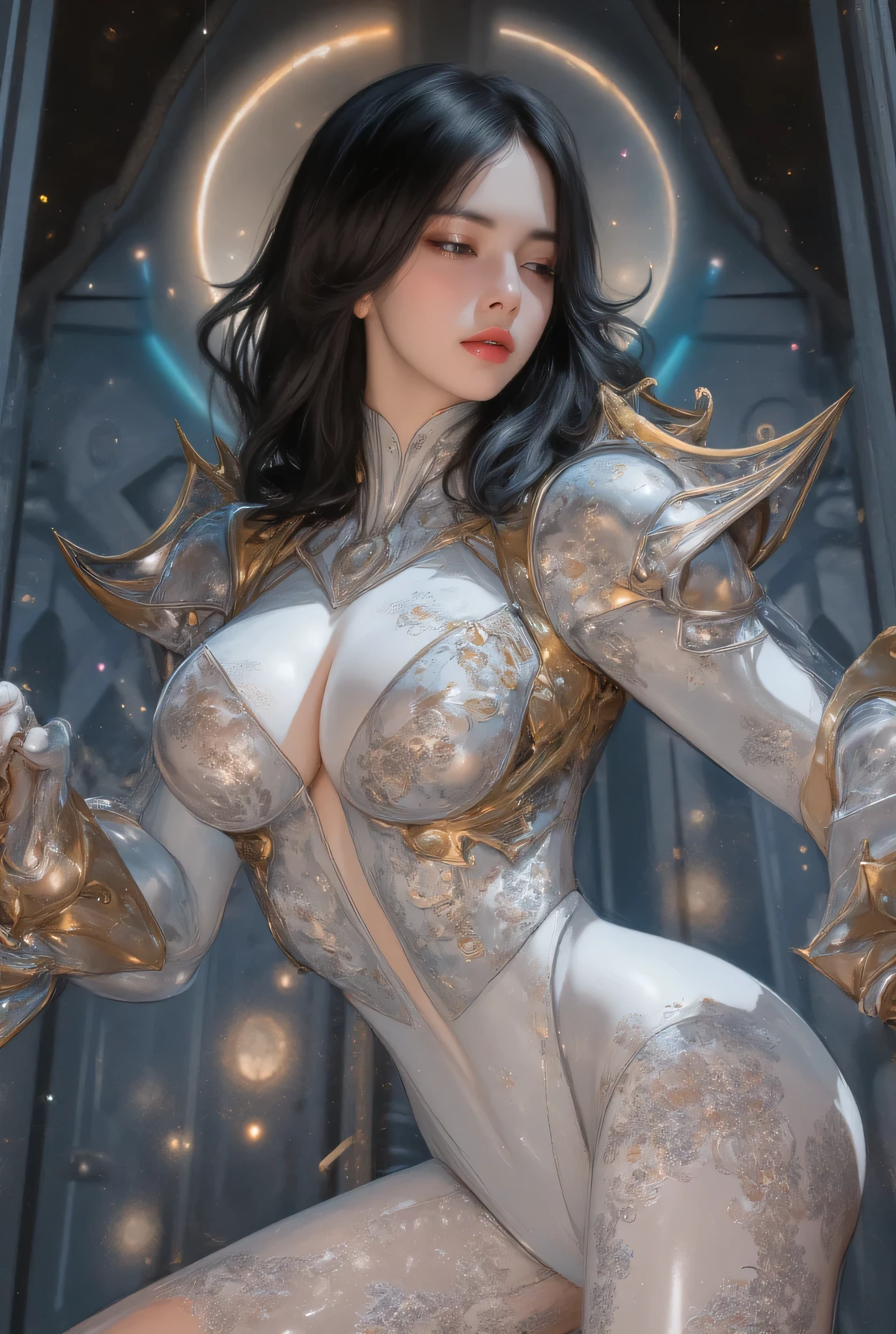 (One beautiful Saudi Arabian teenage girl:1.6),(She wears a white bodysuit with a beautiful fractal or marble design:1.5),(She wears a very beautifully designed gauntlet with jeweled details:1.6), ((she is showing her armpits:1.6)), (erotic pose:1.6), (model pose:1.6), incredibly spectacular scene, ((high quality)), ((fantasy)), blue plasma brain, green plasma body, obscene, average, (despicable:1.2), (immoral:1.2), (Small breasts with beautifully raised pink areolas:1.5), (expression of ecstasy:1.2), super realistic photos, official art, unity 8k wallpaper, 8K portrait, high quality, very high resolution, (incredibly beautiful nature background:1.6), (18-year-old:1.5), (sexy and glamorous:1.1), (coquettish expression:1.6), (smile seductively:1.6), beautiful seductive face, portrait, (thick eyebrows:1.4), Beautiful eyes with high bilateral symmetry, (highly detailed eyes:1.4),(highly detailed face and eyes:1.7), (High resolution obsidian eyes:1.8),  (Highly detailed skin texture:1.4), Very detailed brown skin, perfect anatomy, thin, (Beautiful muscular and toned body:1.6), highly detailed jet black hair,  (moist skin:1.7), no makeup, (bear:1.1), excellent anatomy, focal plane, good looking, (emilia clarke:0.1) (emma watson:0.3),(jennifer connelly:0.24),  (A delicately crafted necklace is wrapped around her neck.), (Bioluminescence with a brilliant glow:1.4), (Shining magic circle:1.5), ruins of an ancient castle, Shining majestic clouds and sky, lightning, spectacular realistic, (greg latkowski:0.8), (teal and orange:0.4), (art station:1.5), cinematic, (NSFW:1.6), dramatic light, (intricate details:1.1),milky way, (nebula:1.6), dark Knight, Note the fully armored body