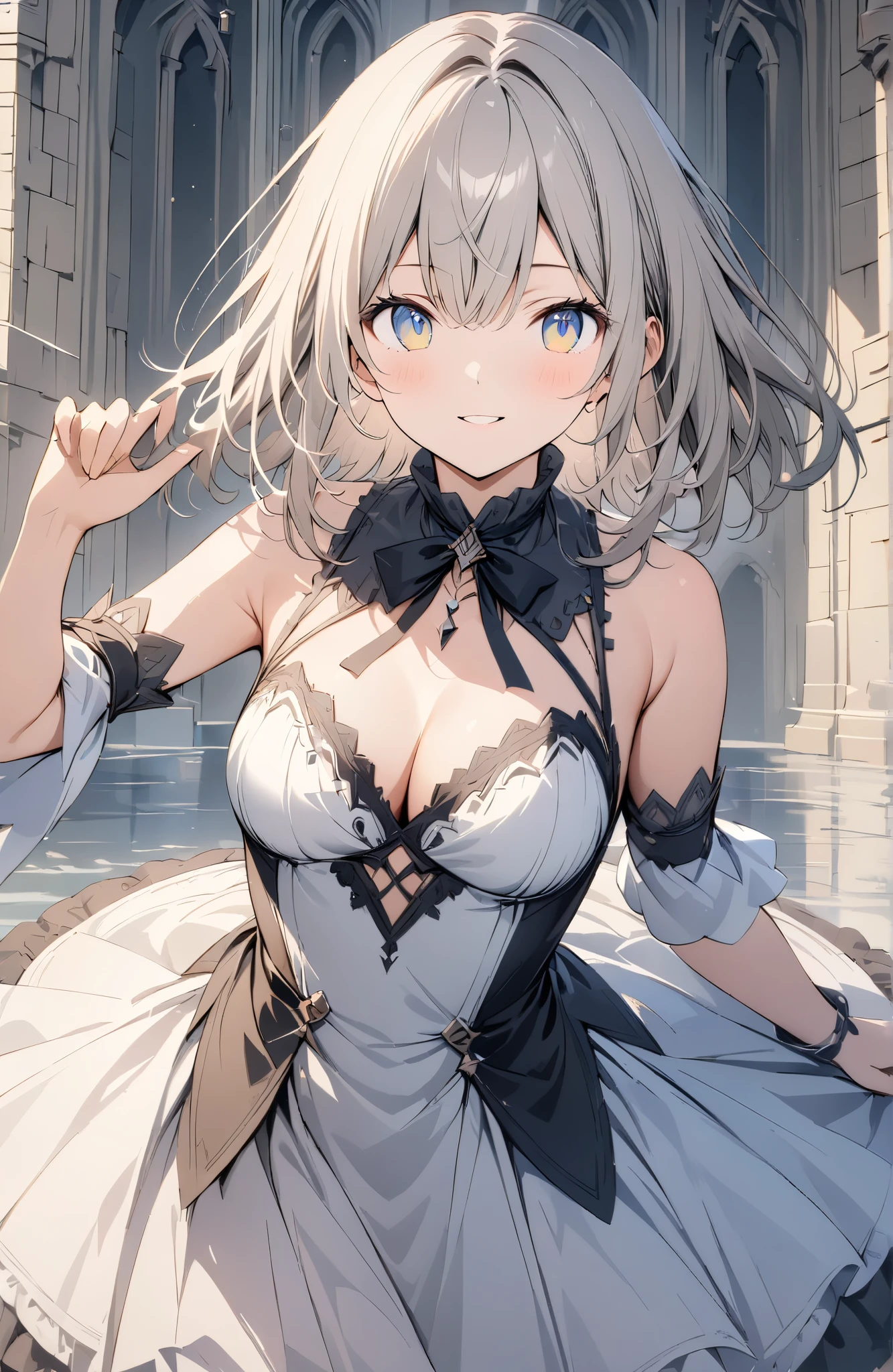 (muste piece, best quality, High resolution, ticker, perfect pixel, Depth of bounds written, In 4K), 
beautiful anime girl, 
Looking at Viewer, 
perfect body,  

white hair, horn, 
white dress, 
grin, 

castle background, 
dynamic pose, 
