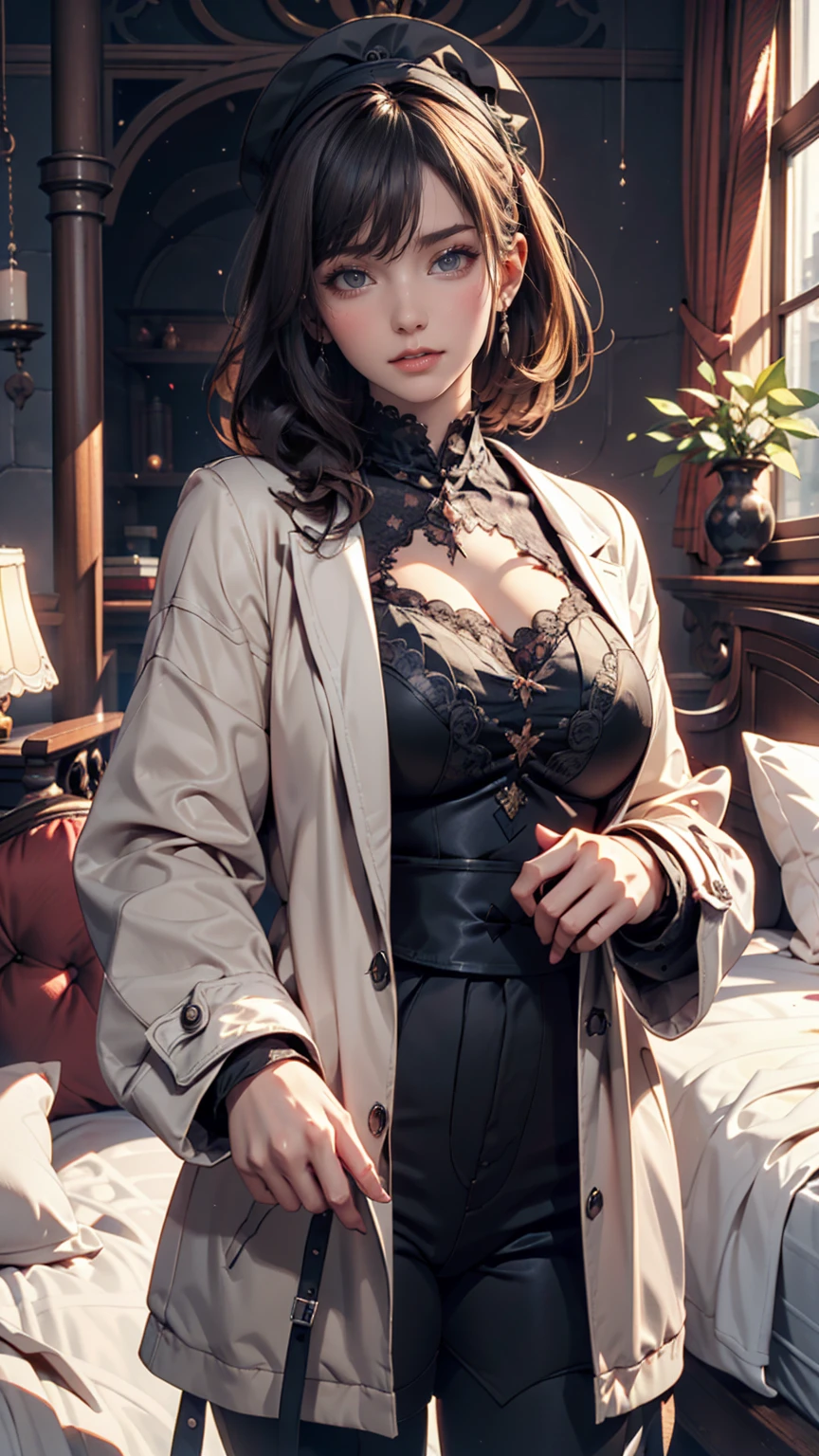 1girl, the boss of the company, long black wavy hair and gray eyes, tall, thin, sexy, contempt and arrogant and elegant, behind her from the 21st century there is a window showing various buildings in the city, (black translucent suit jacket open front, pink bra)), lower body slender,