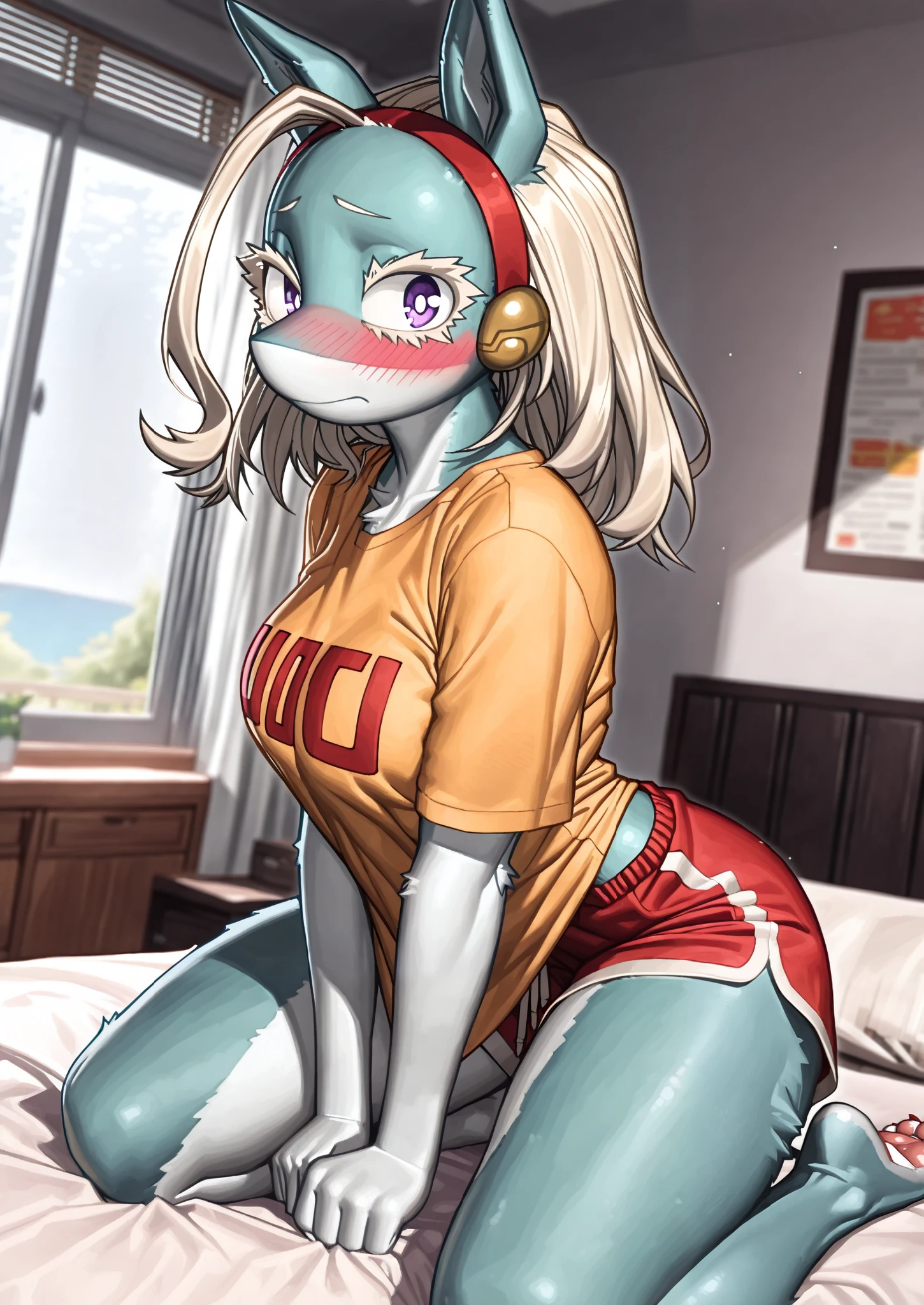 ((ippan josei)), ((my hero academia)), ((pixelsketcher)), ((wamudraws)), ((masterpiece)), ((high resolution)), ((solo portrait)), {(attractive figure), (thick thighs), (pretty paw feet), (turquoise body fur), (long bleach-blonde hair), (cute purple eyes), (short white eyelashes), (embarrassed look), (blushing)}, {(loose yellow tee shirt), (red lounge shorts), (red headband)}, {(kneeling on bed), (looking at viewer)}, ((bedroom)), ((window)), ((sun rays))