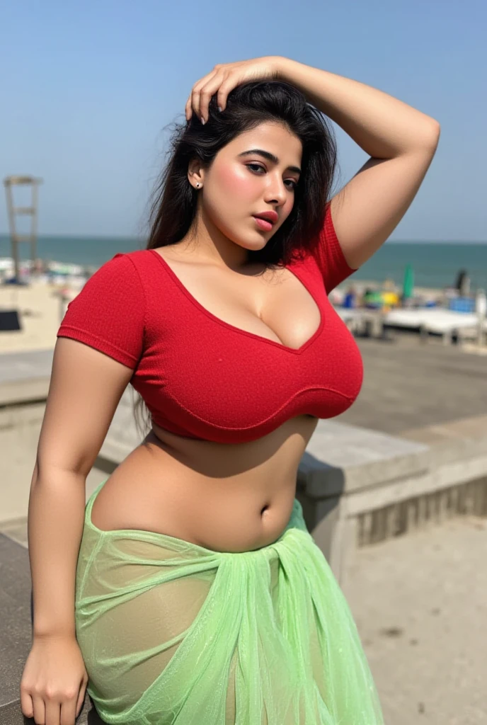 indian girl, huge tits, chubby figure, wearing a sari, looking hot, washing a car
